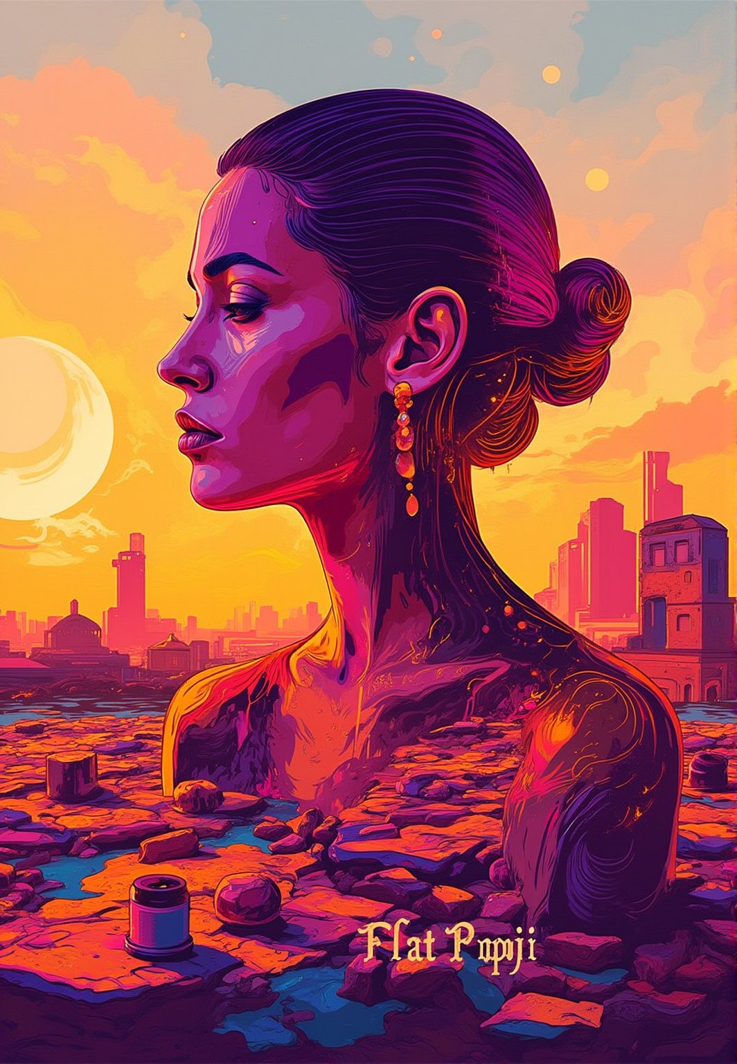 A haunting double exposure vector art depicts a person's profile superimposed upon post-apocalyptic ruins at sunset. The cityscape's vibrant colors bleed into the subject's soft features, defined by ink-like lines rising from cracked earth. Worn paper textures evoke aged acrylics. In the mystical haze, reality tears apart to reveal the dreamlike city beneath, as 'Flat Popji' boldly written in title.