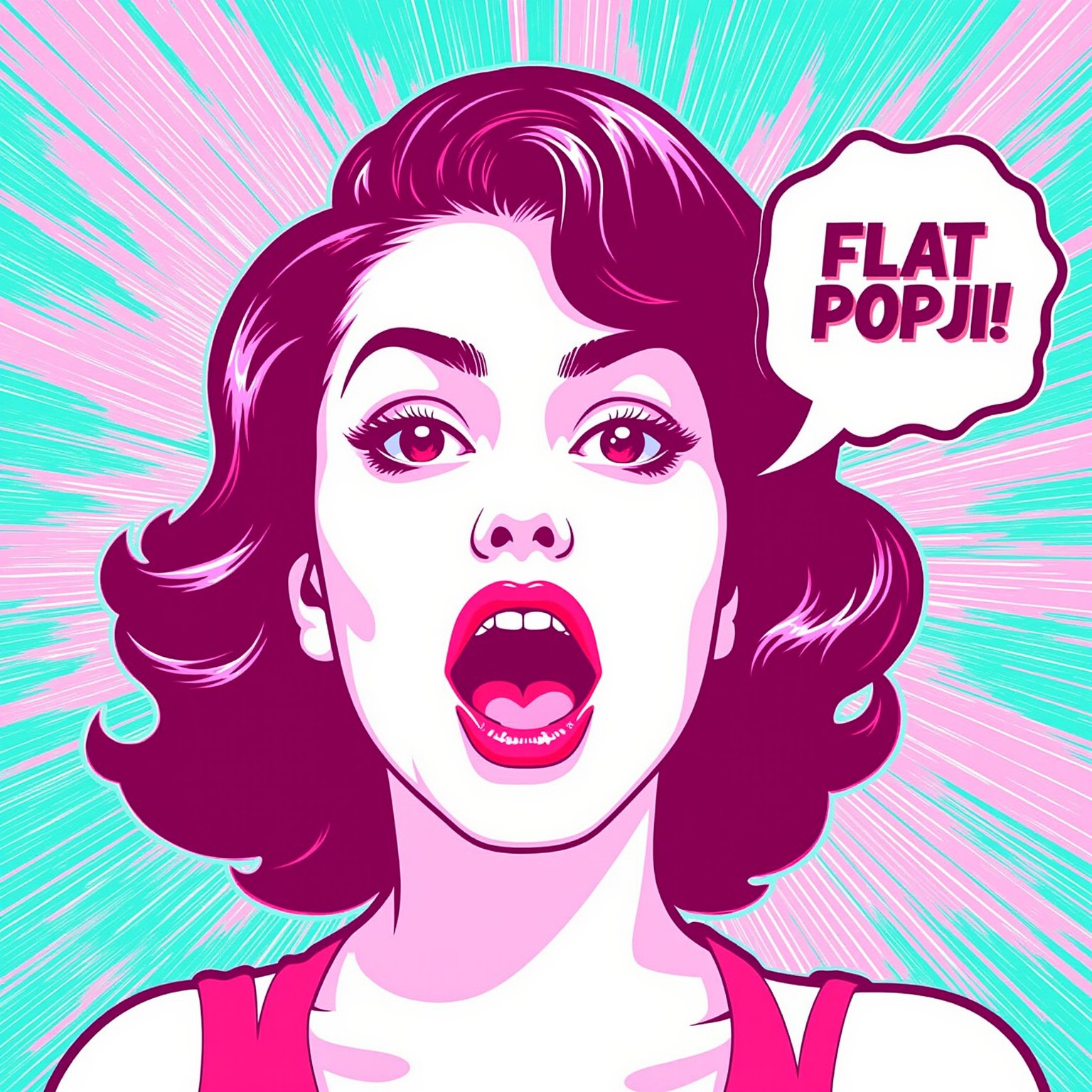 A sultry pinup girl's expression transforms from sweet to shocked as she exclaims 'Flat Popji!' amidst a burst of bright pink and turquoise hues. The pop art-inspired illustration features bold lines and flat colors, with the speech bubble forming a creative 'Flat Popji' shape around her head. Her bright red lips and dark hair provide a striking contrast against the vibrant background. Flat-Popji