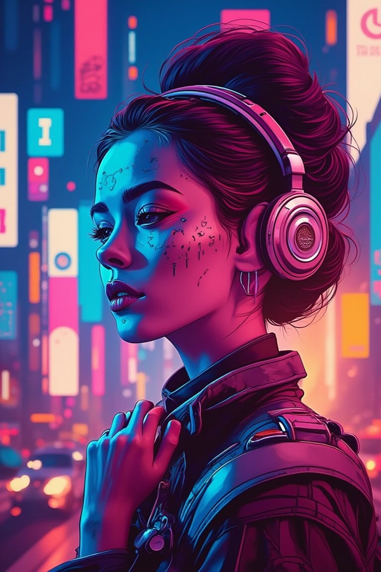 A vibrant close-up of a pinup model showcasing cybernetic enhancements like glowing tattoos, augmented eyes, and high-tech accessories. She’s posed against a cityscape with holographic ads and bustling futuristic traffic., "FLAT_POPJI" tittle in 3d letters on top ,  high contrast, Flat-Popji