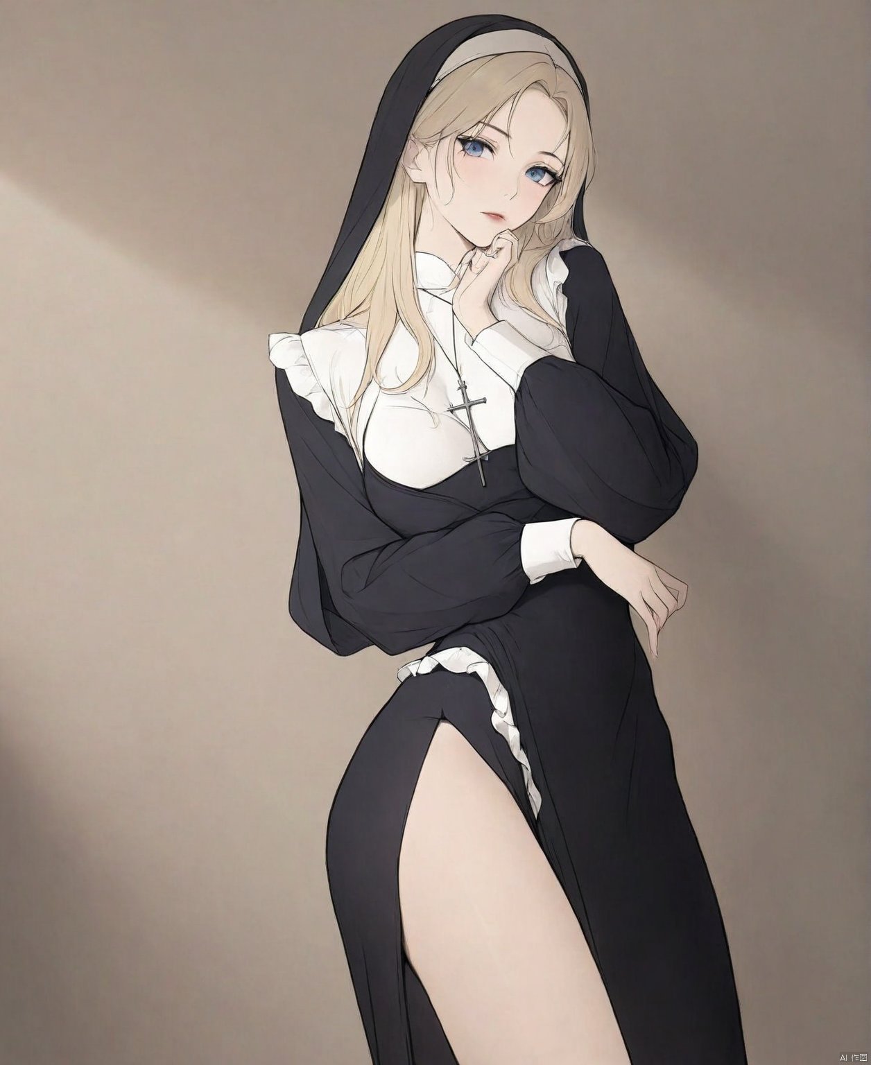 solo,highly detailed,(best quality),((masterpiece)),1girl,long hair,shouhui,updo,nun,blonde hair, solo, jewelry, blue eyes, necklace, cross, long hair, habit, cross necklace, looking at viewer, dress, simple background, 