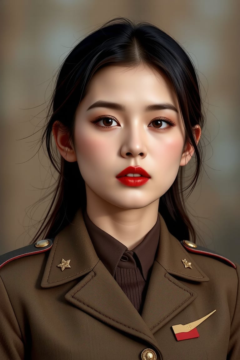 a portrait in soviet union style of a North Korean girl who is a military general in the Juche army,Golden Ratio Portrait