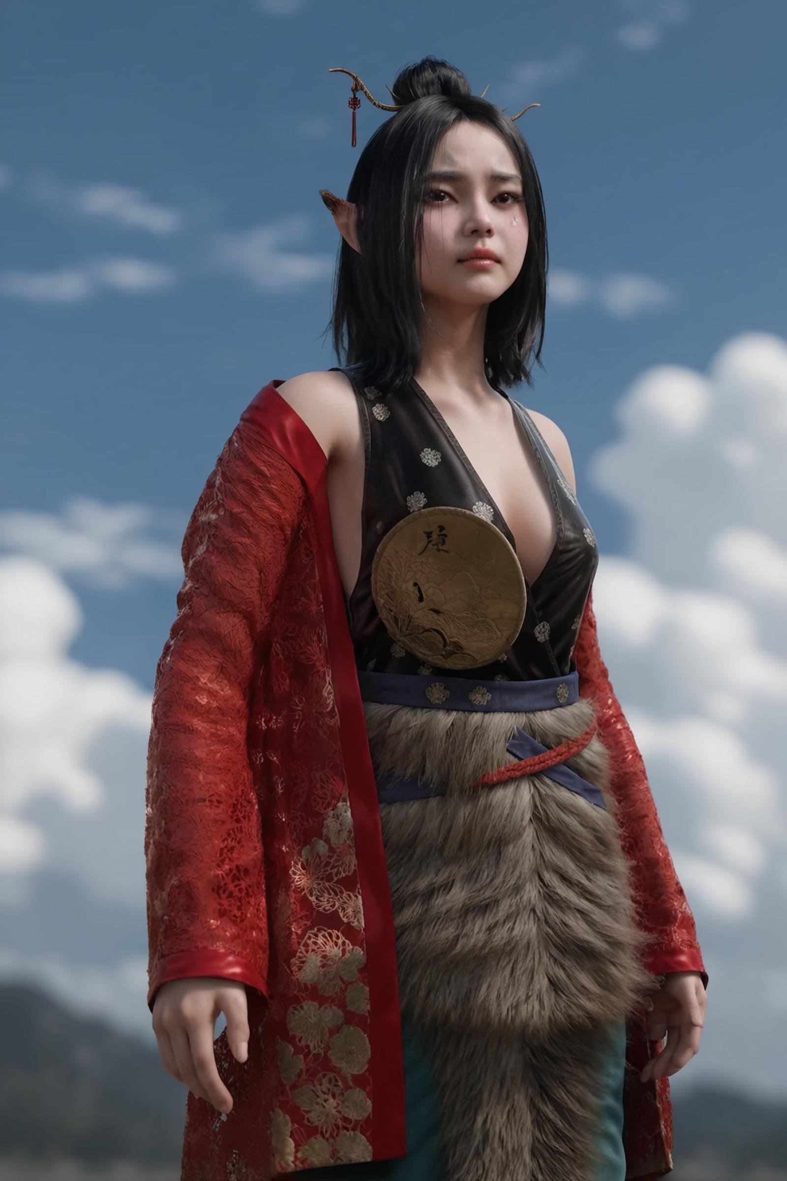 8k, best quality, masterpiece, (ultra-detailed), (high detailed skin), vivid color, realistic, looking at viewer, (solo:1.3), <lora:pingping-atw-Tanger:0.8>, pingping, coquette, pointy ears, Red coat, fur skirt, by heishenhua, game cg, 1girl, barefoot, black hair, long hair, standing, hair ornament, beautiful blue sky, cloud, standing, upper body, looking at viewer, tears, close-up, dynamic angle, cleavage, 