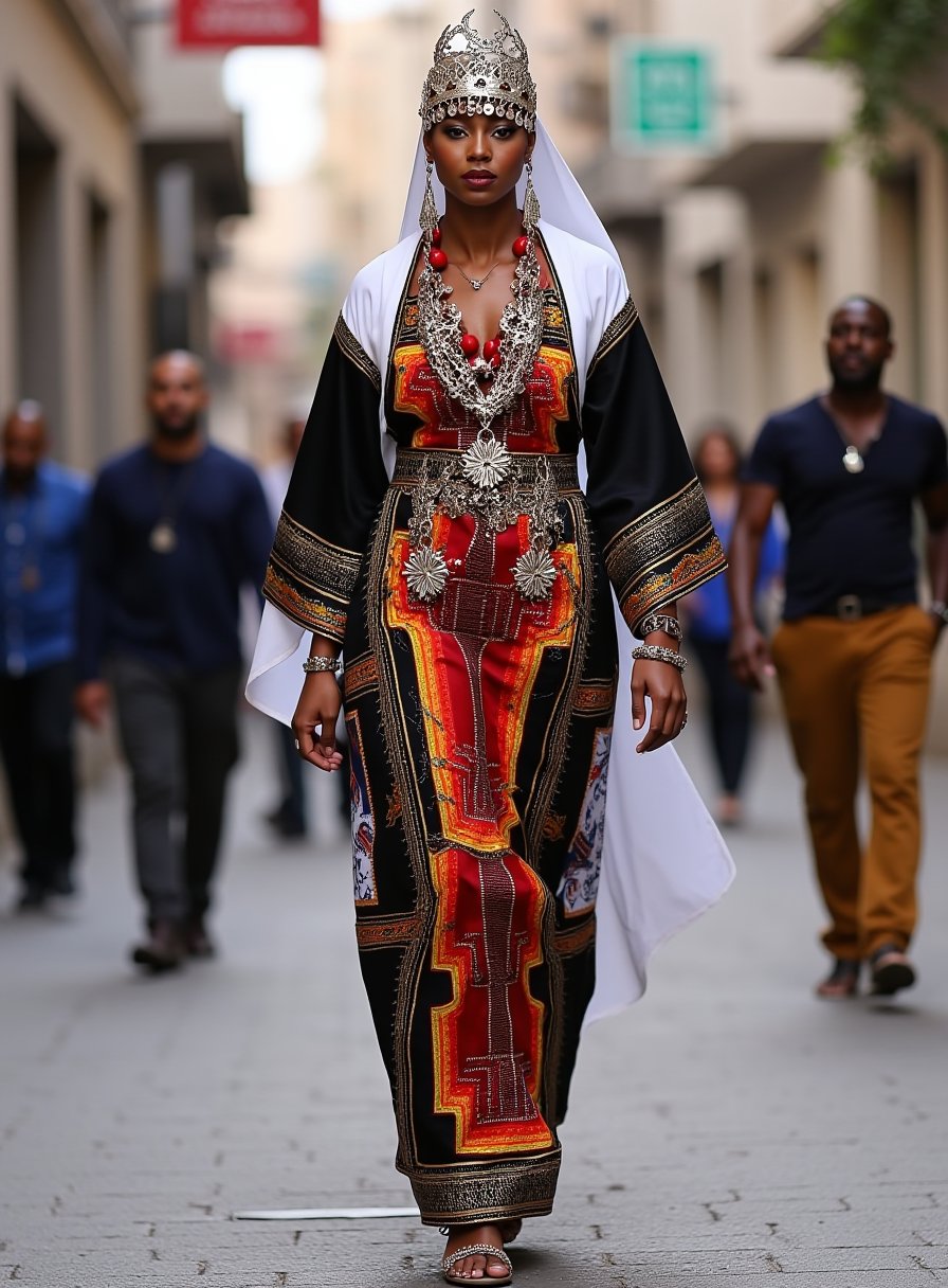 A modern, urban woman wearing a contemporary version of Tasfift attire, blending traditional elements with high-fashion influences. Her dress features bold, geometric patterns inspired by Berber textiles, paired with a sleek, tailored silhouette that reflects the style of a modern metropolis. Her headdress is a minimalist design, incorporating subtle metallic accents that catch the light as she walks down a bustling city street. The scene captures the fusion of tradition and modernity, with the woman standing out as a fashion icon in the urban landscape,adrr-tsfft