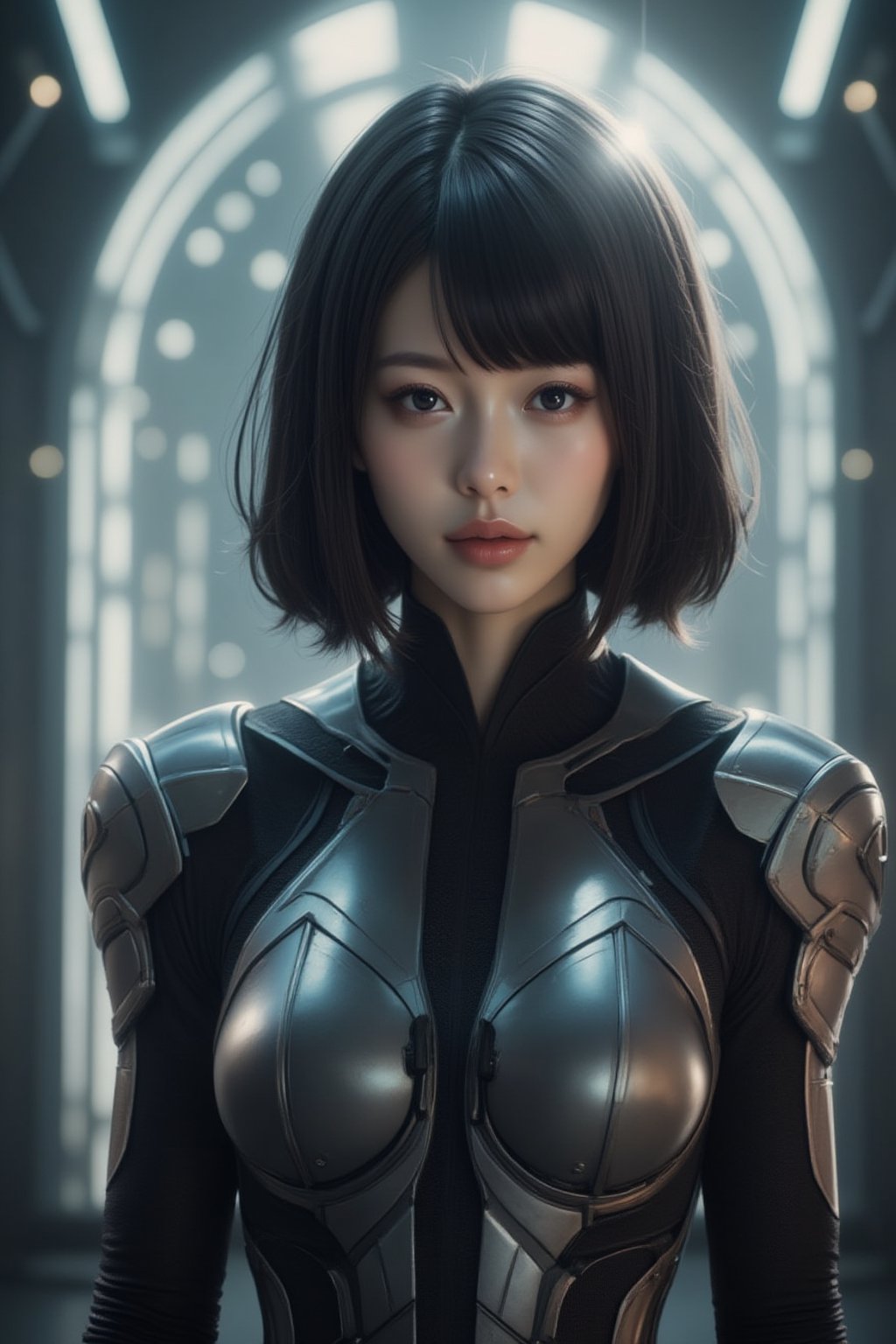 masterpiece, best quality, Realistic, Realistic style, FuturEvoLabScene, 1girl, solo, looking at viewer, bob cut, bodysuit, upper body,FuturEvoLabArmor