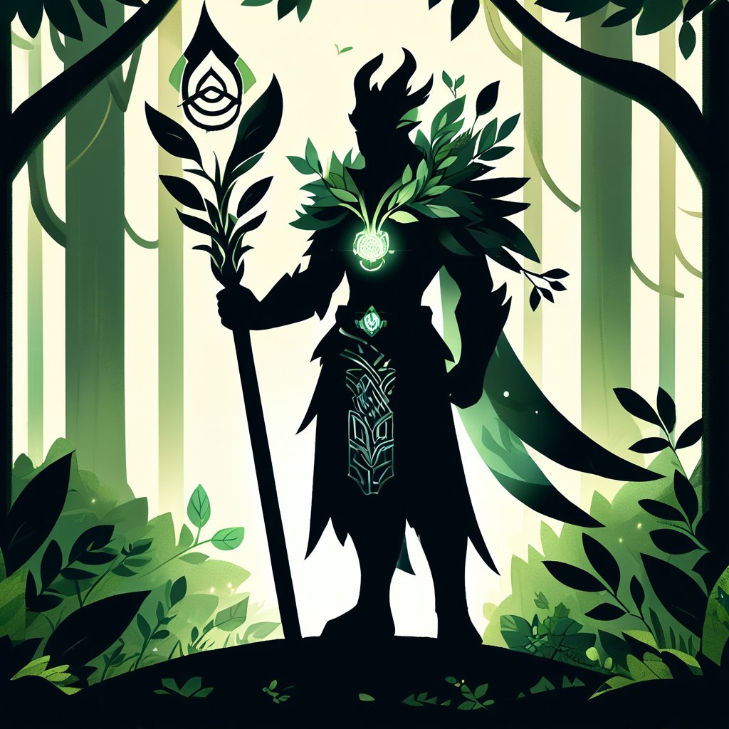 game character design for a mystical forest guardian, with organic armor made of leaves and vines. Calm, protective pose with a staff in hand. Background with a lush forest, dappled sunlight filtering through the trees. Details include natural textures, glowing runes, and a harmonious connection with nature.