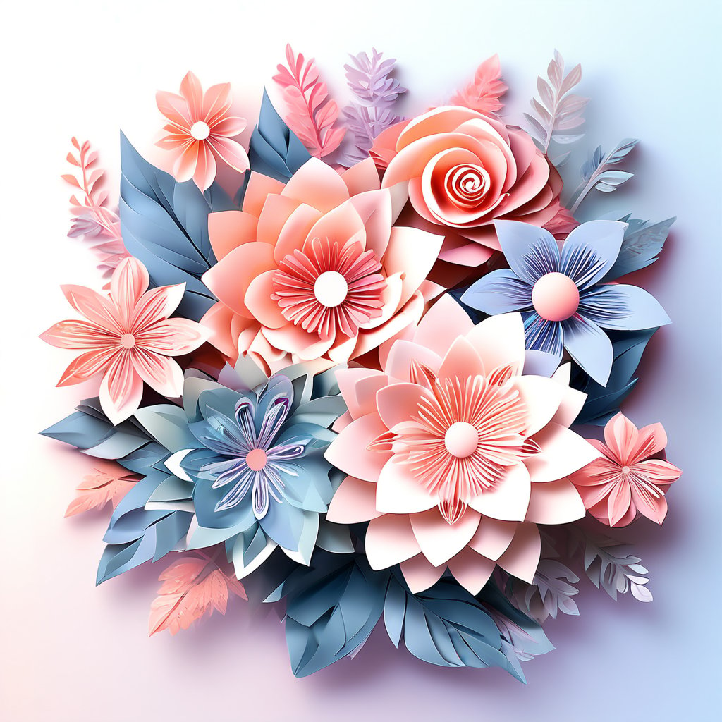 A complex origami bouquet of flowers, featuring various species with detailed petals and leaves. Soft pastel colors with delicate gradients. Background with light textures resembling handmade paper. Meticulous folds, layered arrangements, and harmonious layout.
