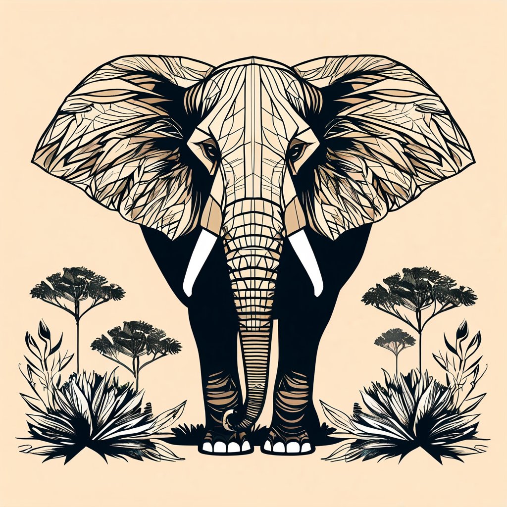 A majestic origami elephant, displaying intricate folds in the trunk and ears. Earthy tones with highlights to emphasize the texture. Background with a simple, natural setting like a savannah silhouette. Detailed linework, realistic paper shading, and strong presence.
