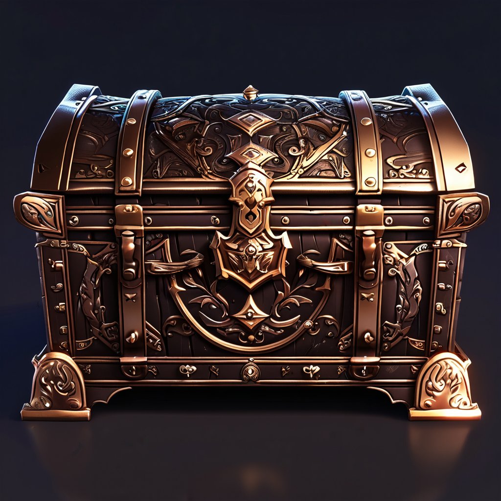 3D game asset of a medieval treasure chest, adorned with intricate carvings and metallic accents. Rich, dark wood tones with glowing gold highlights. Background with soft shadows to emphasize depth. Details include high-resolution textures, detailed lock mechanisms, and a sense of ancient craftsmanship.