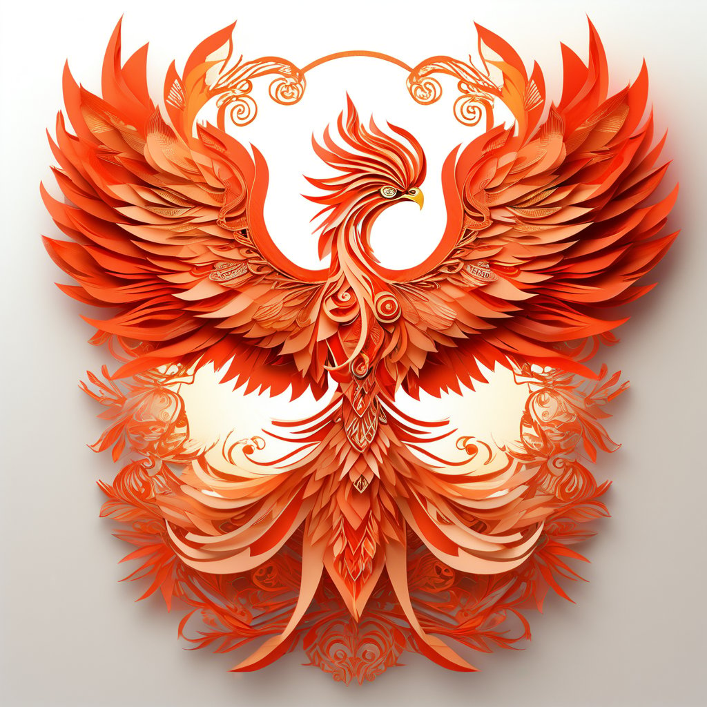 A stunning origami phoenix, with expansive wings and detailed plumage. Fiery reds and oranges blending with subtle gold accents. Background with a warm, glowing aura. Intricate layering of paper, smooth transitions, and dynamic movement.
