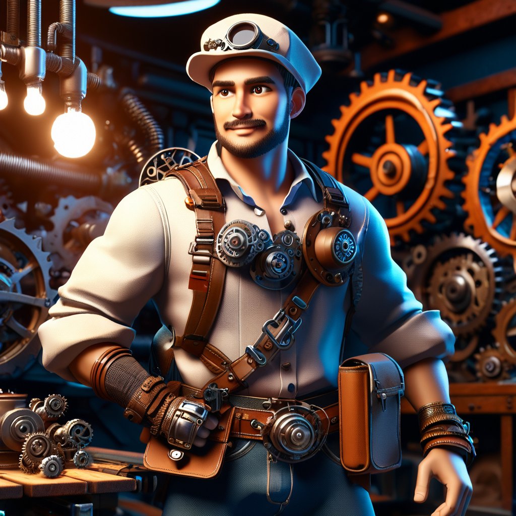  3D game character design of a steampunk adventurer, with mechanical limbs, goggles, and a utility belt filled with gadgets. Confident pose with one hand on a gear-covered hat. Background with a mechanical workshop filled with gears and pipes. Details include highly detailed clothing textures, intricate mechanical parts, and a warm, industrial color palette.