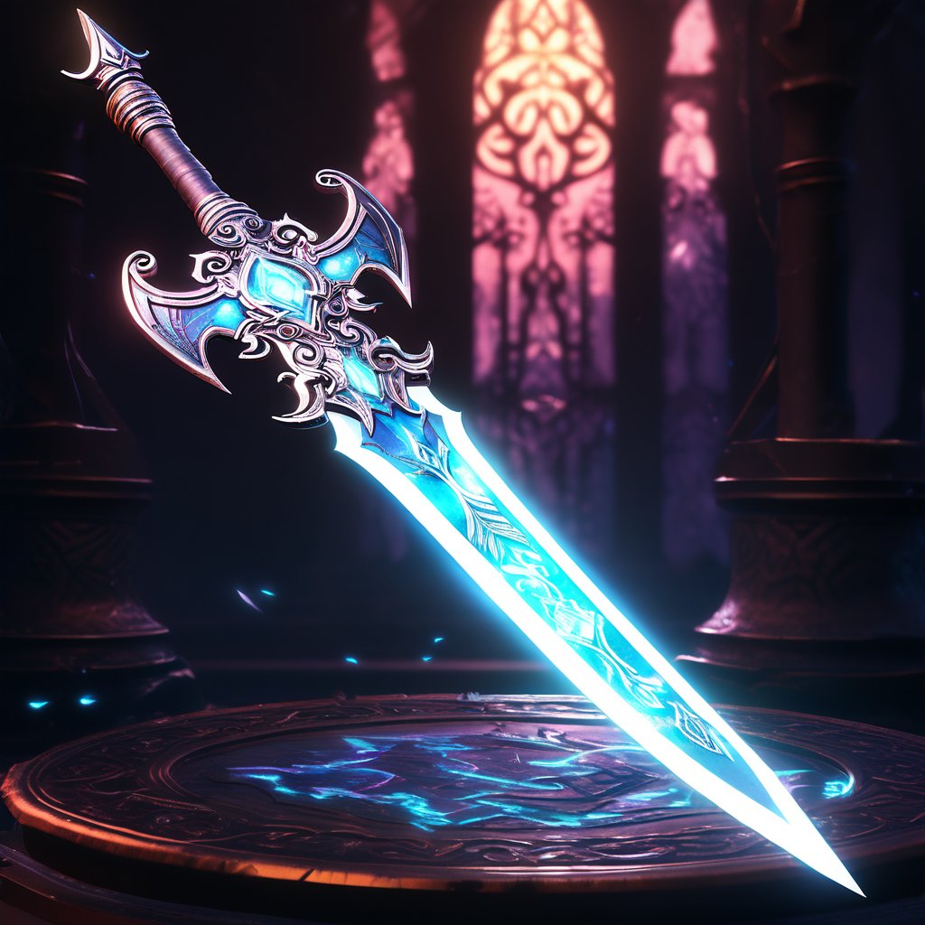 3D game asset of a fantasy sword, with an ornate hilt and a glowing, enchanted blade. Rich, metallic colors with magical runes along the blade. Background with a dark, mystical environment. Details include reflective surfaces, intricate engravings, and subtle magical effects.