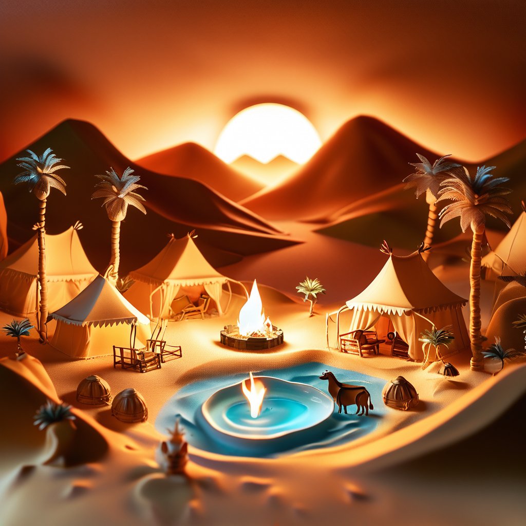 mystical miniature desert oasis, with tiny palm trees, a small pond, and tents around a campfire. Warm, sandy tones with glowing light from the fire. Background with towering dunes and a twilight sky. Details include tiny camels, intricate patterns on the tents, and delicate water reflections.