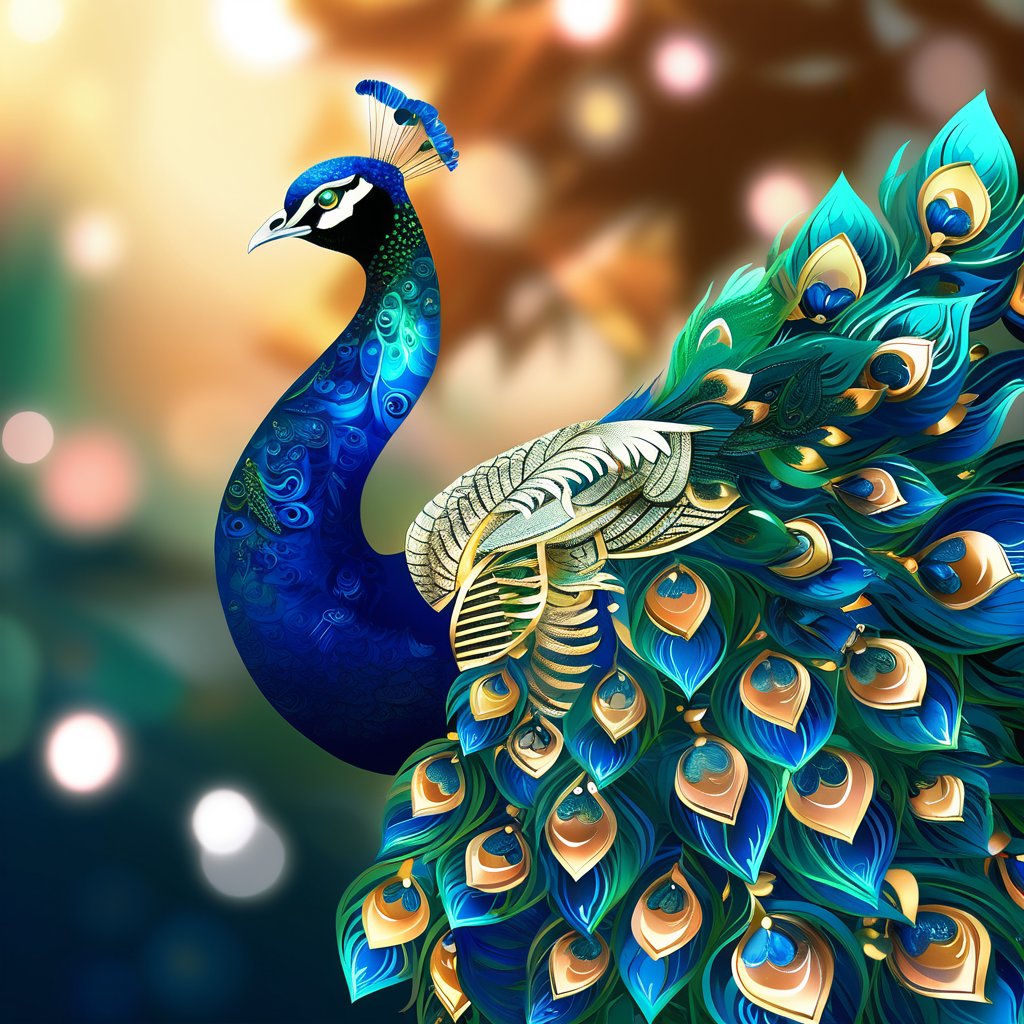 An elegant origami peacock, showcasing its elaborate feathers with intricate folding patterns. Brilliant blues and greens with iridescent highlights. Background with a soft bokeh effect to focus on the peacock. Fine lines and sharp edges, natural shading, and graceful composition.
