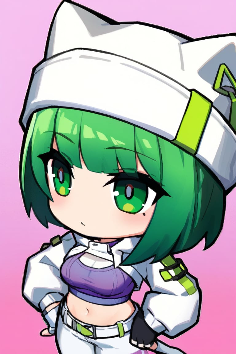 Ela,green hair,green eyes,short hair,purple crop top,cat ears headwear,white hat,white opened jacket,fingerless gloves,long sleeves,white pants,masterpiece,best quality,standing,chibi,simple background