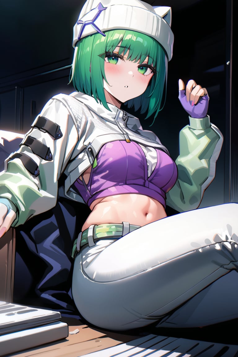 Ela,green hair,green eyes,short hair,purple crop top,cat ears headwear,hat,white opened jacket,fingerless gloves,long sleeves,white pants,masterpiece,best quality,illustration,ultra detailed,hdr,Depth of field,(colorful),Artist rokusai,