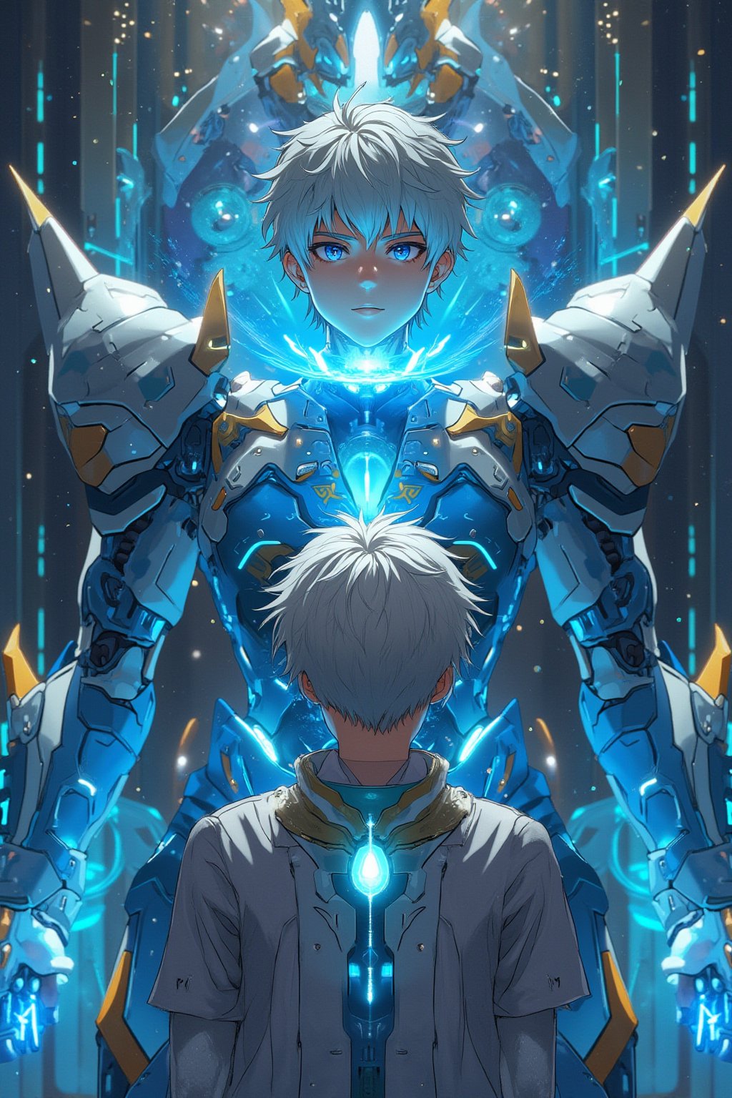 A cybernetic boy with short white hair and piercing blue eyes stands in front of his mecha, adorned with intricate lotus patterns. As he enters a state of meditation, his mind merges with the digital world, his bust glowing with energy as he harnesses his inner strength.