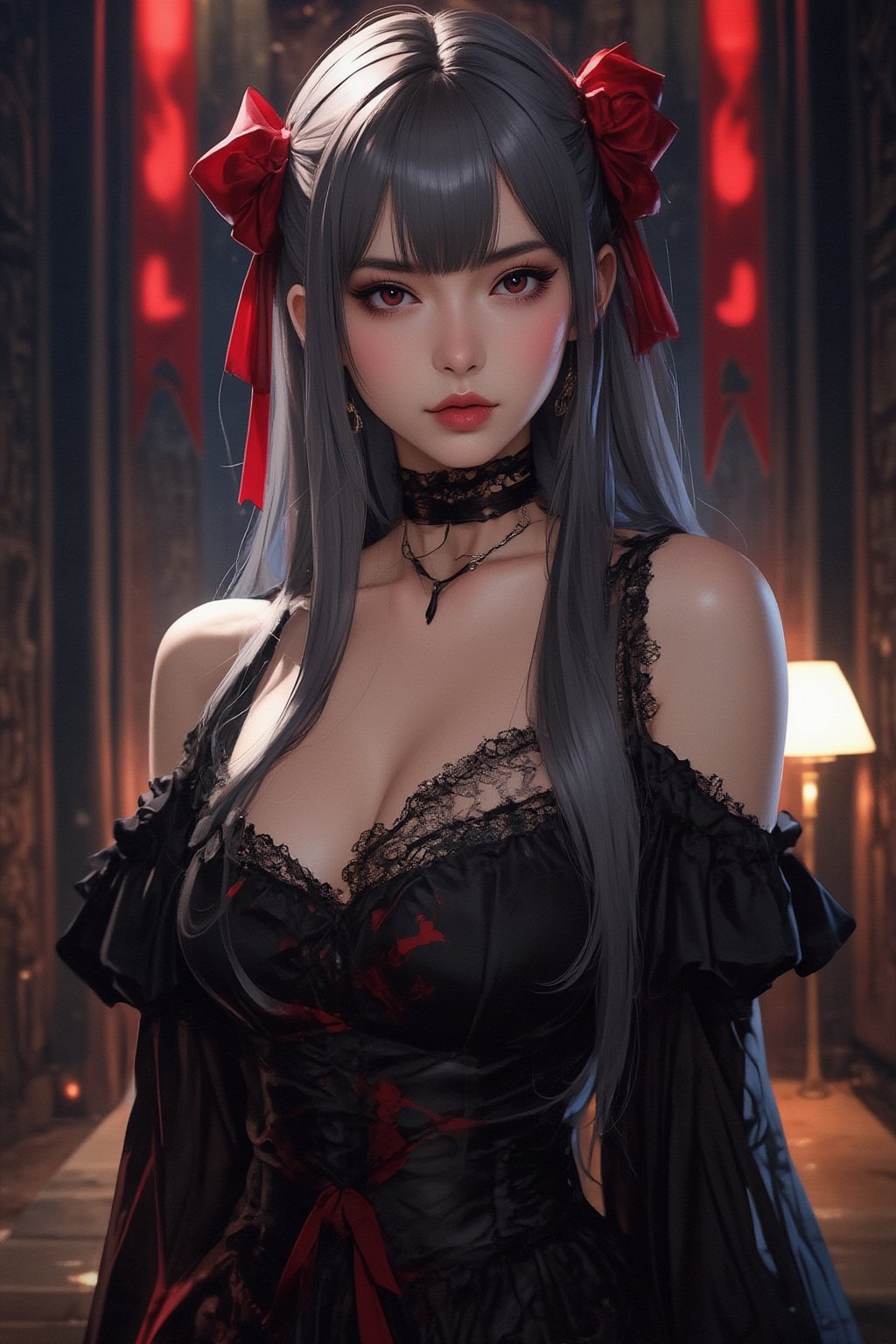 Create an anime-style illustration of a powerful female character inspired by Shalltear Bloodfallen. She has long, dark silver hair (Big red bow on the head), red eyes, dressed in an intricately designed dark medieval outfit adorned with lace and armor. Her expression is confident and somewhat playful, conveying her vampiric charm. The background should be a gothic castle interior, with dim lighting and ornate decor, adding to the dark fantasy atmosphere. Include elements like a glowing orb or magical sigils to emphasize her magical prowess, shelter


