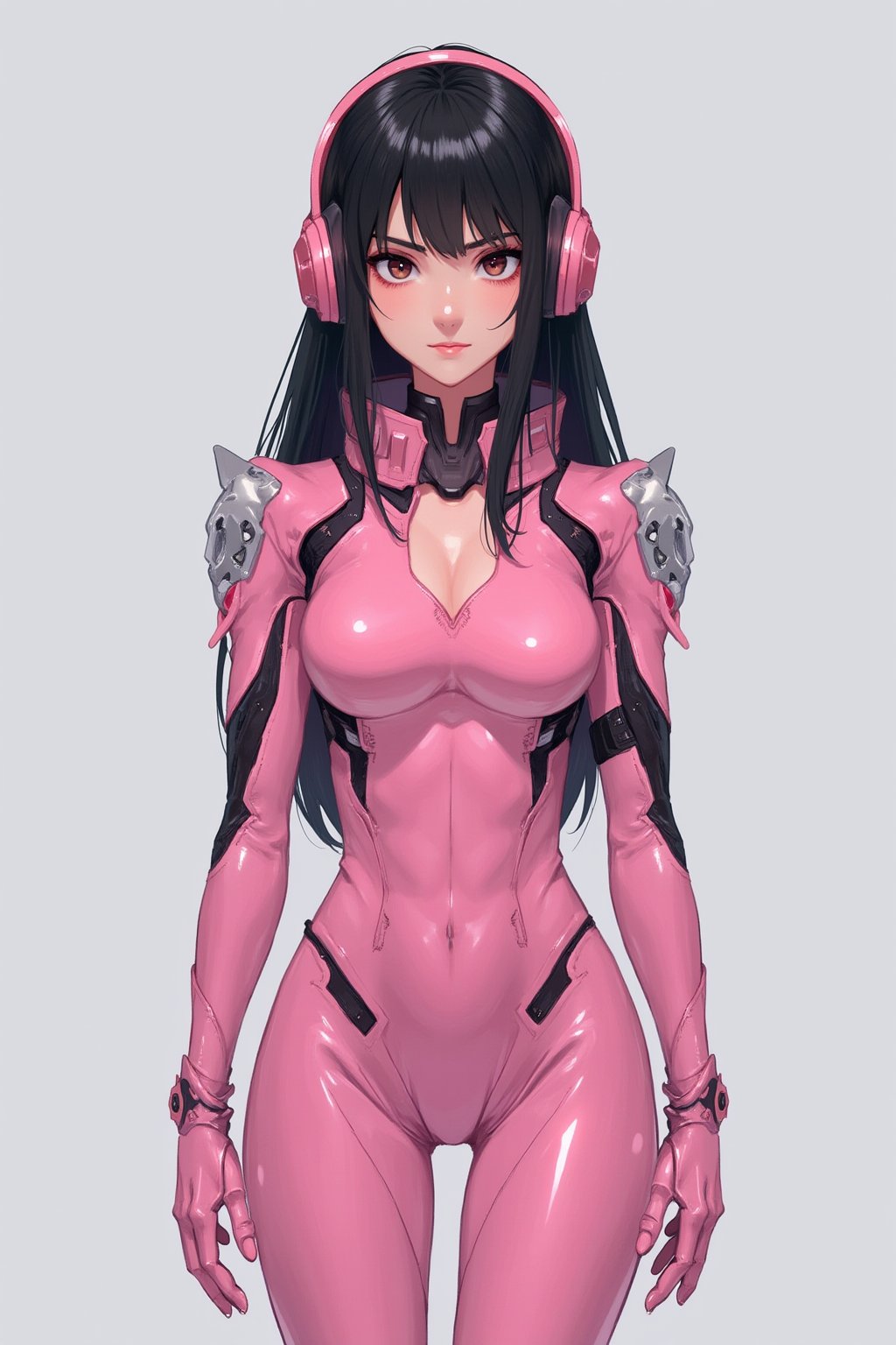 Image is a high-resolution, full-body portrait of a woman in a futuristic, form-fitting pink bodysuit with black accents. The suit appears to be made of a glossy, high-tech material, featuring intricate details and armor-like segments on the shoulders and arms. She has long, straight black hair and is wearing a pair of large, pink headphones that match her suit. Her facial features include fair skin, large eyes, and a serious expression. The background is a plain, light grey, which emphasizes the subject and her attire. The overall style is sleek and modern, with a focus on the sci-fi aesthetic.