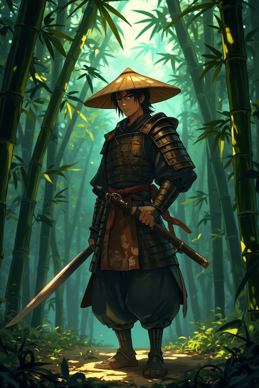 Anime style, a samurai warrior with a stern expression, wearing traditional Japanese armor and a straw hat, holding a katana. He is standing in a dense bamboo forest, with shafts of sunlight breaking through the leaves. The ground is covered in fallen bamboo leaves, and the air is misty.