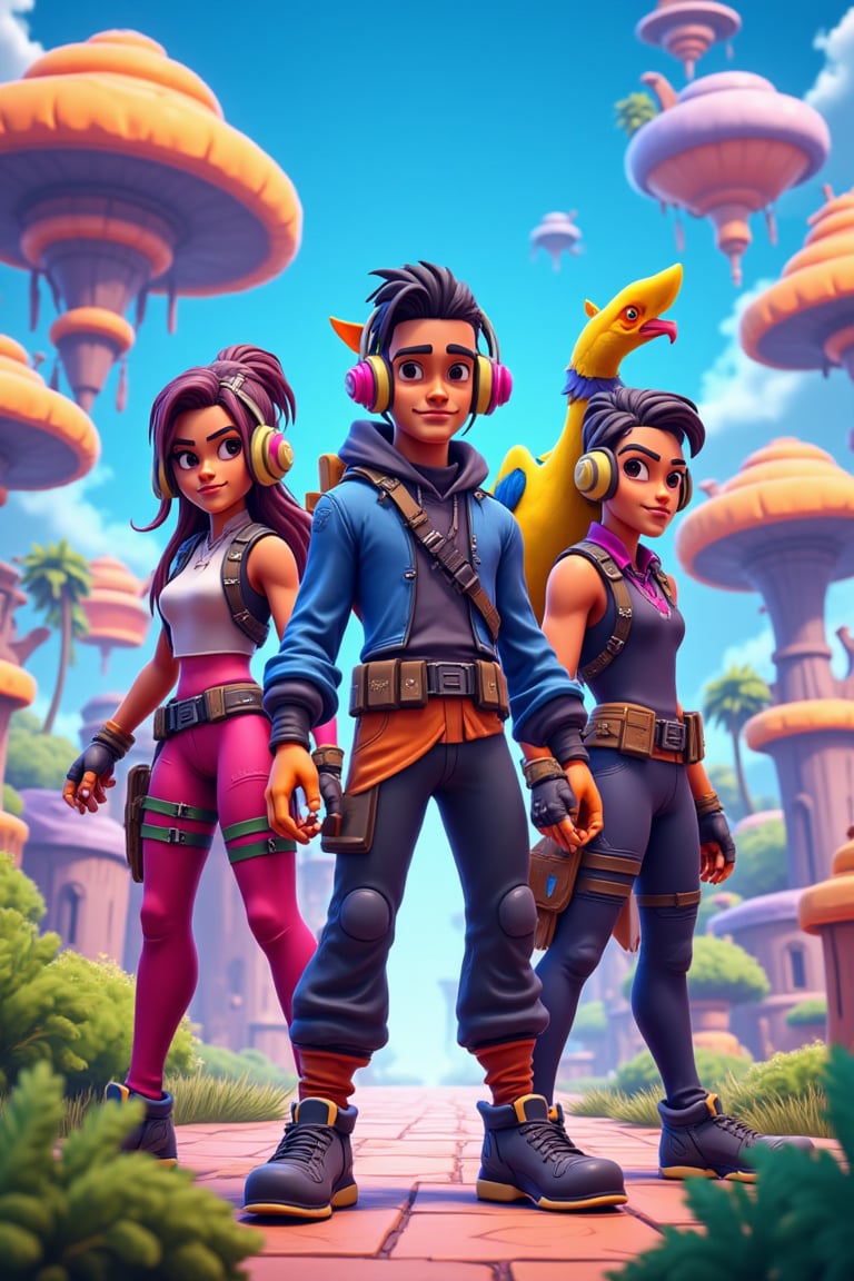 Create a game design art style image inspired by Fortnite, featuring exaggerated character features with a cartoonish and whimsical approach. The characters should have bold, playful designs reminiscent of animated TV shows, with bright, vibrant colors and dynamic poses. Include a diverse group of characters with unique costumes, such as a futuristic sci-fi warrior with neon armor, a pirate with a colorful parrot companion, and a stylish streetwear dancer with headphones and sneakers. The environment should be an imaginative, colorful landscape with oversized, playful objects like giant trees, fantastical floating islands, and quirky buildings. The overall feel should be fun, energetic, and engaging, capturing the playful and adventurous spirit of Fortnite.,cartoon art