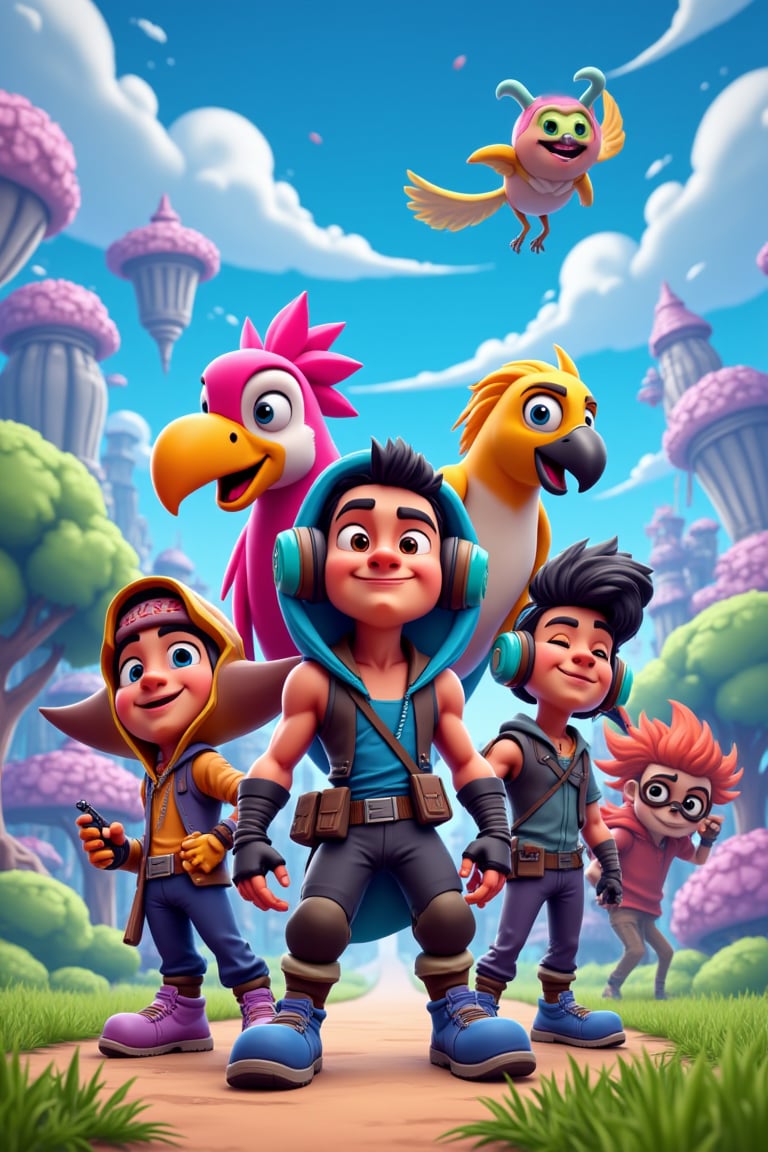 Create a game design art style image inspired by Fortnite, featuring exaggerated character features with a cartoonish and whimsical approach. The characters should have bold, playful designs reminiscent of animated TV shows, with bright, vibrant colors and dynamic poses. Include a diverse group of characters with unique costumes, such as a futuristic sci-fi warrior with neon armor, a pirate with a colorful parrot companion, and a stylish streetwear dancer with headphones and sneakers. The environment should be an imaginative, colorful landscape with oversized, playful objects like giant trees, fantastical floating islands, and quirky buildings. The overall feel should be fun, energetic, and engaging, capturing the playful and adventurous spirit of Fortnite.,cartoon art