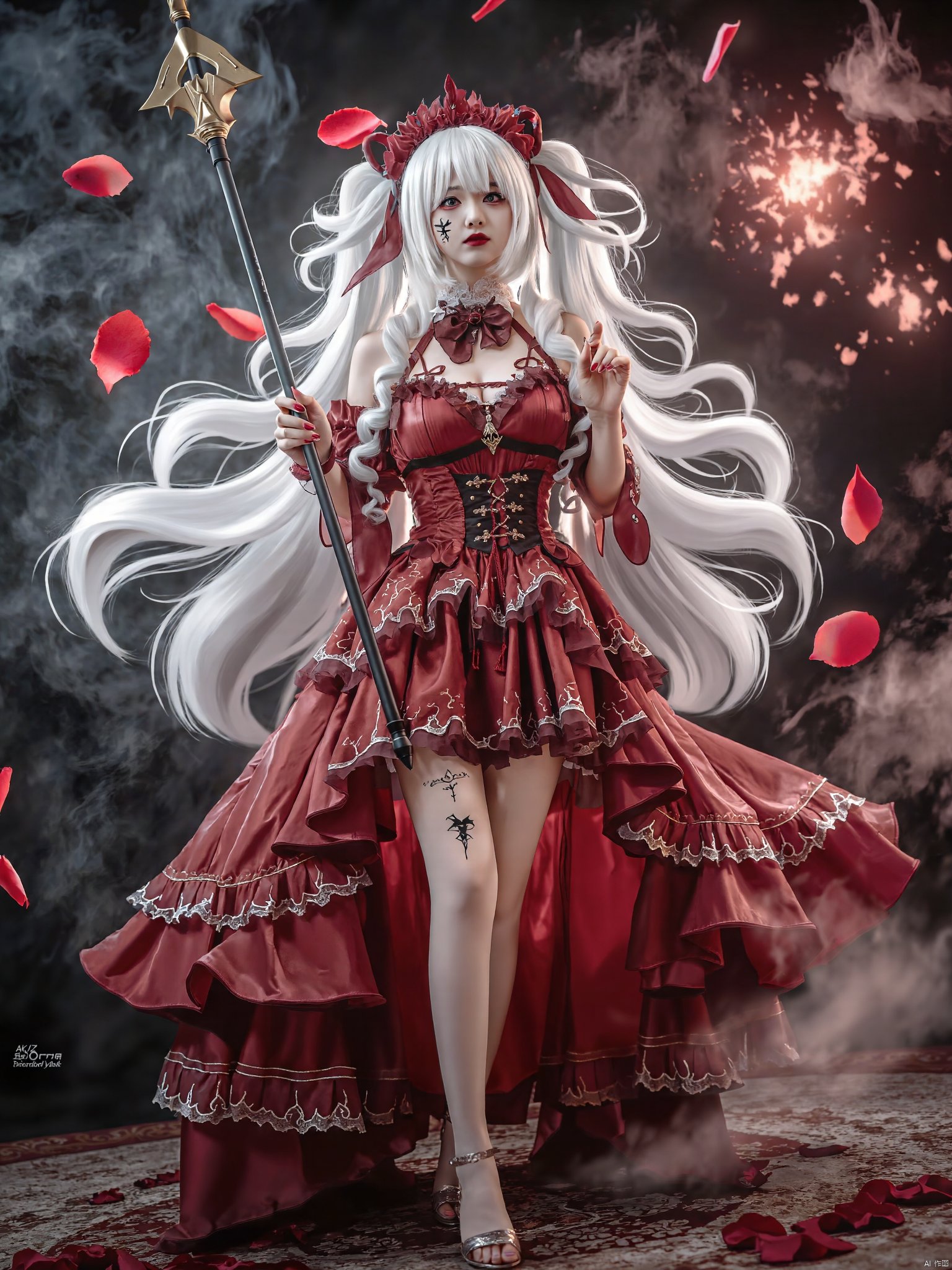 AKJK,Half-body, Lolita, a girl,White hair color, exaggerated cleavage, exaggerated breasts, extra long and exaggerated hair, spiral hairstyle, blood red clothes, face tattoo, stockings, left foot standing, right foot raised, both hands holding spear, magic effects, ROSE PETAL falling