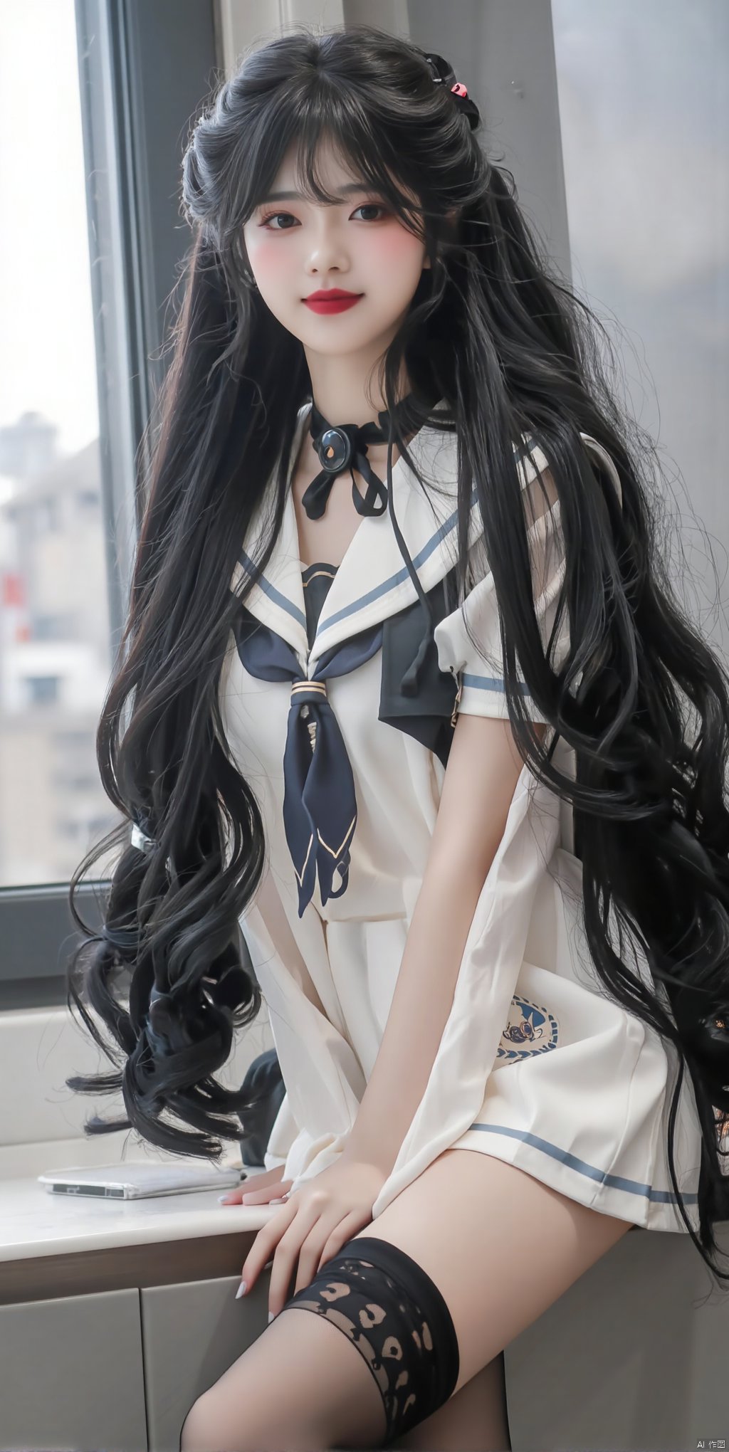 AKJK,A girl, in blush and rouge and lipstick, in a sailor suit, black silk through stockings, black hair, very long, big spiral hair, bust lens