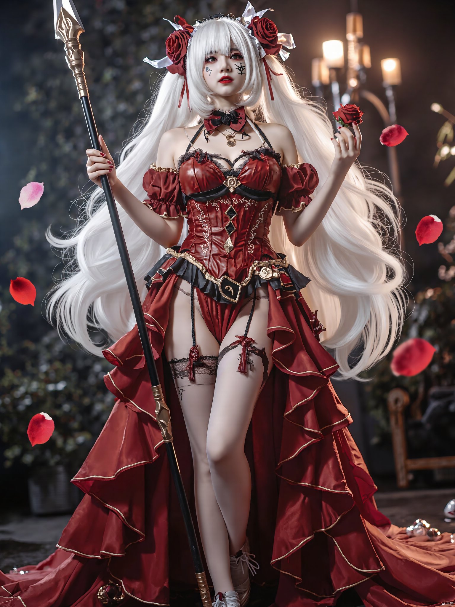 AKJK,Half-body, Lolita, a girl,White hair color, exaggerated cleavage, exaggerated breasts, extra long and exaggerated hair, spiral hairstyle, blood red clothes, face tattoo, stockings, left foot standing, right foot raised, both hands holding spear, magic effects, ROSE PETAL falling