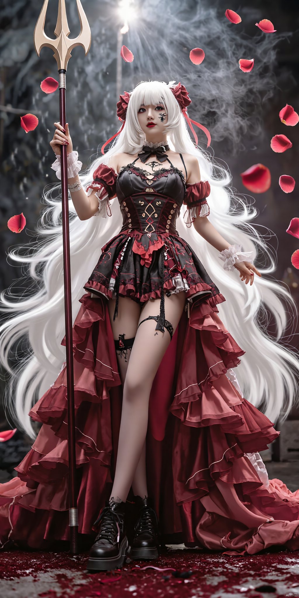 AKJK,Half-body, Lolita, a girl,White hair color, exaggerated cleavage, exaggerated breasts, extra long and exaggerated hair, spiral hairstyle, blood red clothes, face tattoo, stockings, left foot standing, right foot raised, both hands holding spear, magic effects, ROSE PETAL falling