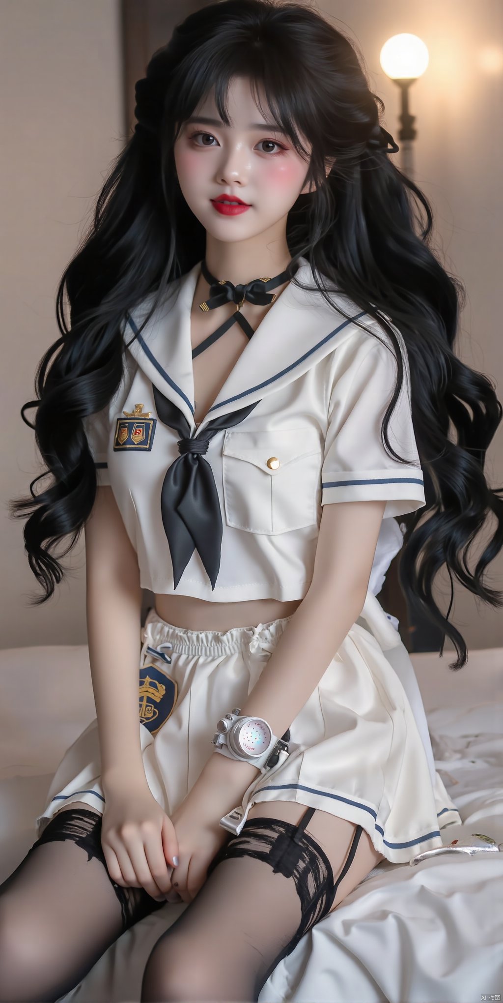 AKJK,A girl, in blush and rouge and lipstick, in a sailor suit, black silk through stockings, black hair, very long, big spiral hair, bust lens