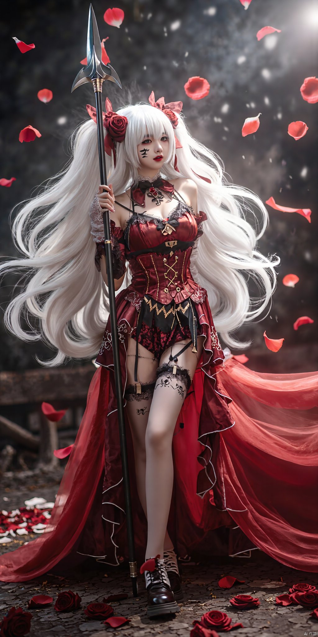 AKJK,Half-body, Lolita, a girl,White hair color, exaggerated cleavage, exaggerated breasts, extra long and exaggerated hair, spiral hairstyle, blood red clothes, face tattoo, stockings, left foot standing, right foot raised, both hands holding spear, magic effects, ROSE PETAL falling