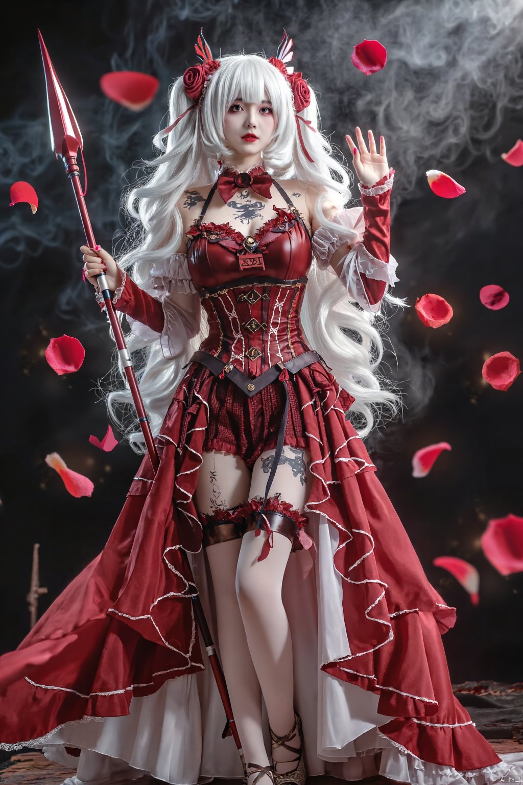 AKJK,Half-body, Lolita, a girl,White hair color, exaggerated cleavage, exaggerated breasts, extra long and exaggerated hair, spiral hairstyle, blood red clothes, face tattoo, stockings, left foot standing, right foot raised, both hands holding spear, magic effects, ROSE PETAL falling