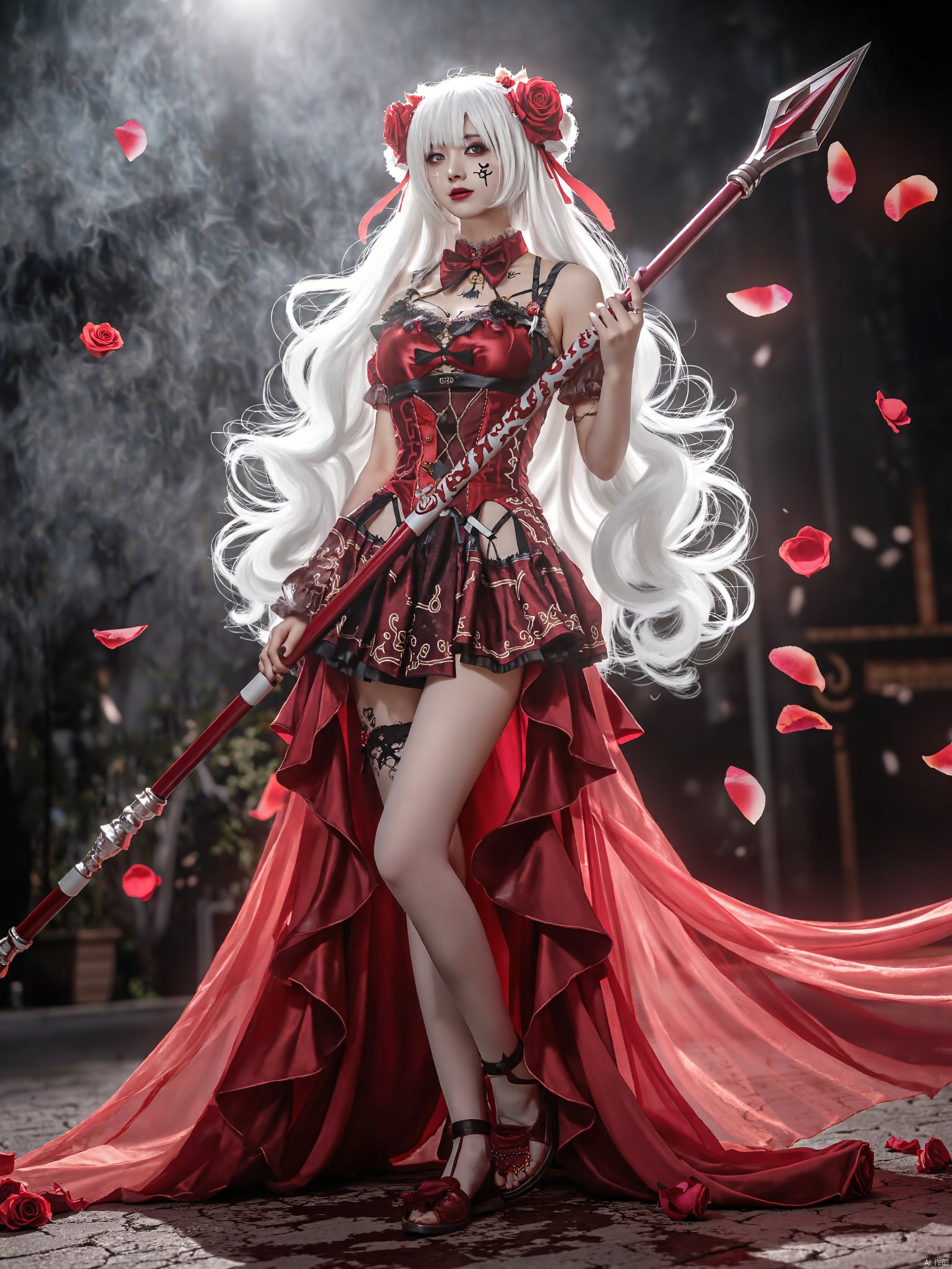 AKJK,Half-body, Lolita, a girl,White hair color, exaggerated cleavage, exaggerated breasts, extra long and exaggerated hair, spiral hairstyle, blood red clothes, face tattoo, stockings, left foot standing, right foot raised, both hands holding spear, magic effects, ROSE PETAL falling