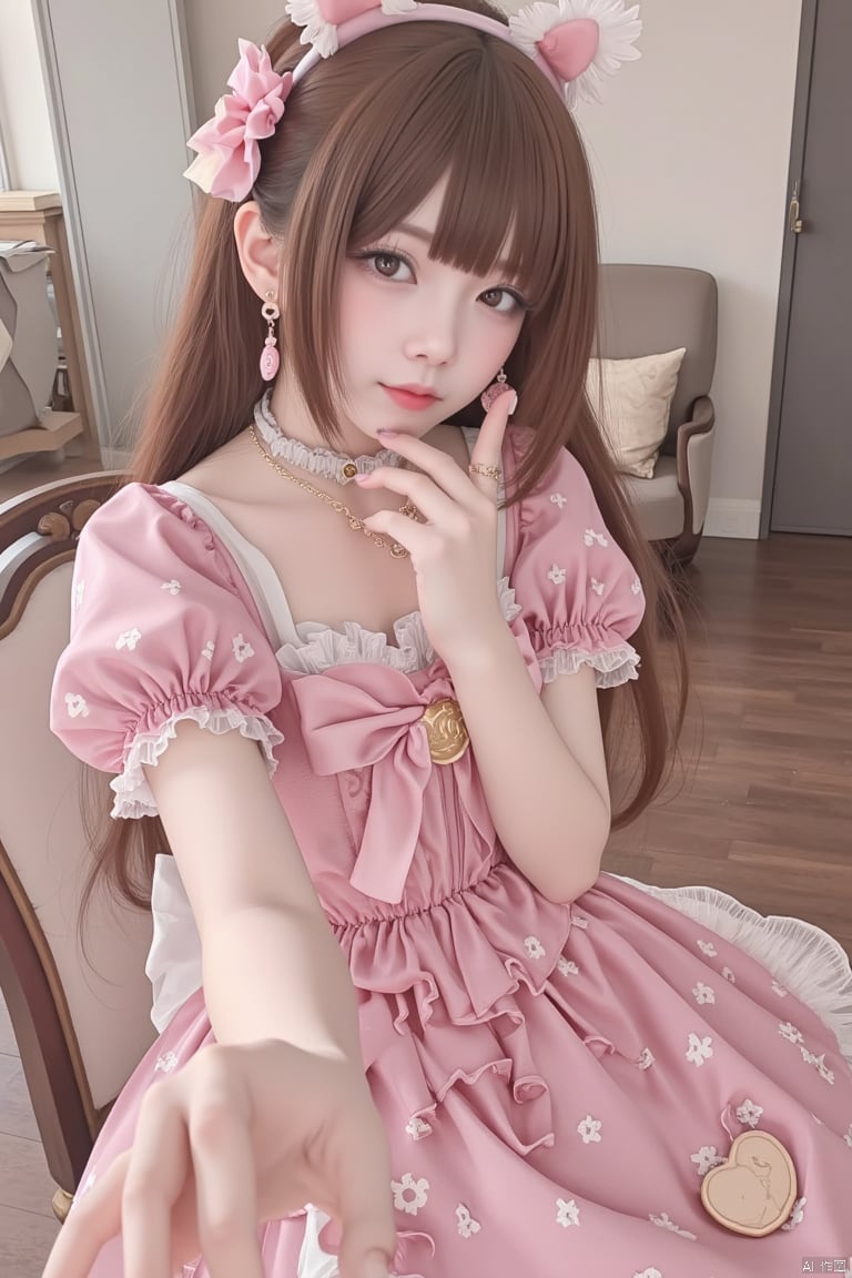 1girl, solo, long hair, looking at viewer, bangs, brown hair, dress, bow, jewelry, short sleeves, earrings, frills, puffy sleeves, indoors, cosplay, chair, pink dress, realistic, selfie, reaching towards viewer