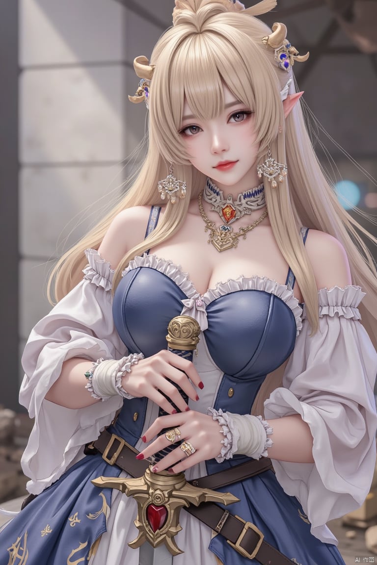 1girl, solo, long hair, breasts, looking at viewer, blonde hair, hair ornament, dress, holding, cleavage, jewelry, medium breasts, weapon, short sleeves, cowboy shot, earrings, frills, parted lips, detached sleeves, pointy ears, puffy sleeves, belt, sword, indoors, necklace, holding weapon, lips, holding sword, ring, crown, gem, sheath, corset, shield, red lips