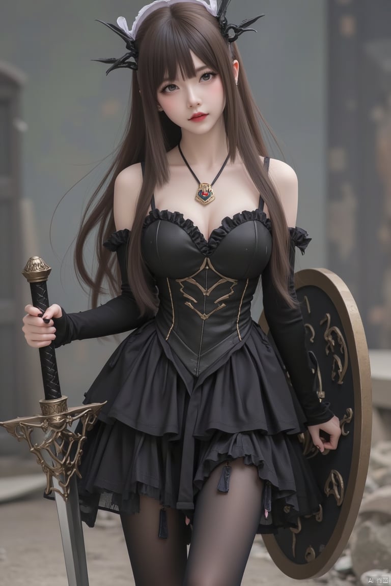 1girl, solo, long hair, breasts, looking at viewer, bangs, brown hair, black hair, hair ornament, dress, holding, cleavage, bare shoulders, brown eyes, jewelry, medium breasts, standing, weapon, pantyhose, frills, sword, necklace, holding weapon, blurry, black dress, lips, black pantyhose, blurry background, holding sword, frilled dress, shield, red lips