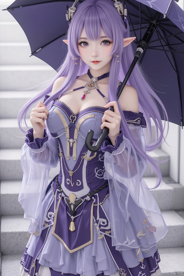 1girl, solo, long hair, breasts, looking at viewer, bangs, dress, holding, cleavage, jewelry, purple hair, pointy ears, umbrella, stairs, holding umbrella