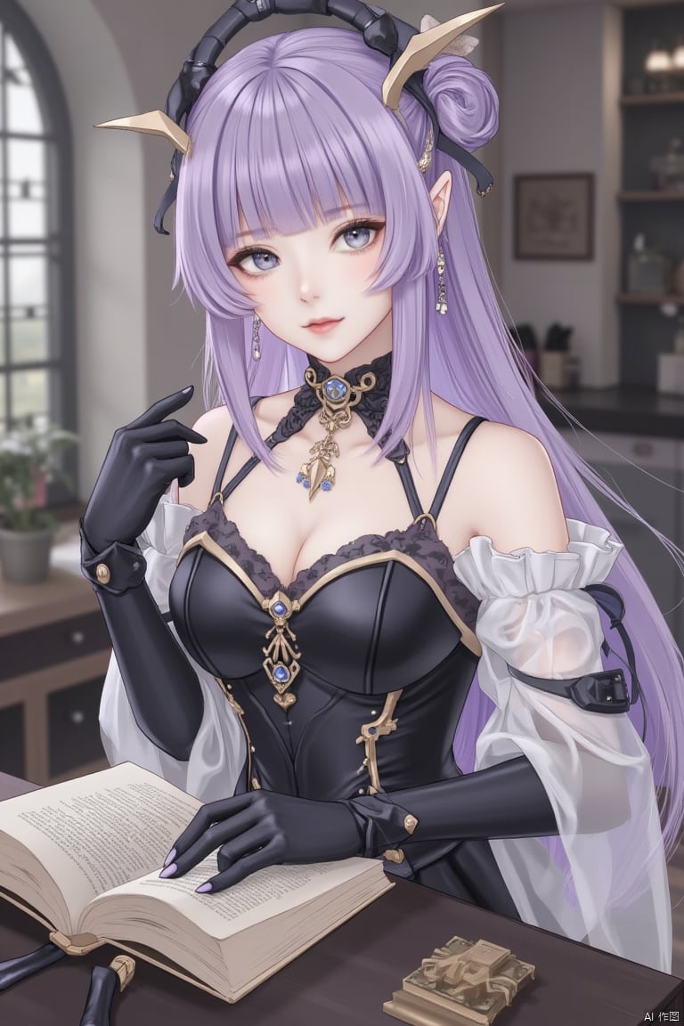 1girl, solo, long hair, breasts, looking at viewer, bangs, hair ornament, gloves, dress, bare shoulders, jewelry, purple hair, earrings, pointy ears, black gloves, elbow gloves, indoors, blunt bangs, black dress, lips, grey eyes, book