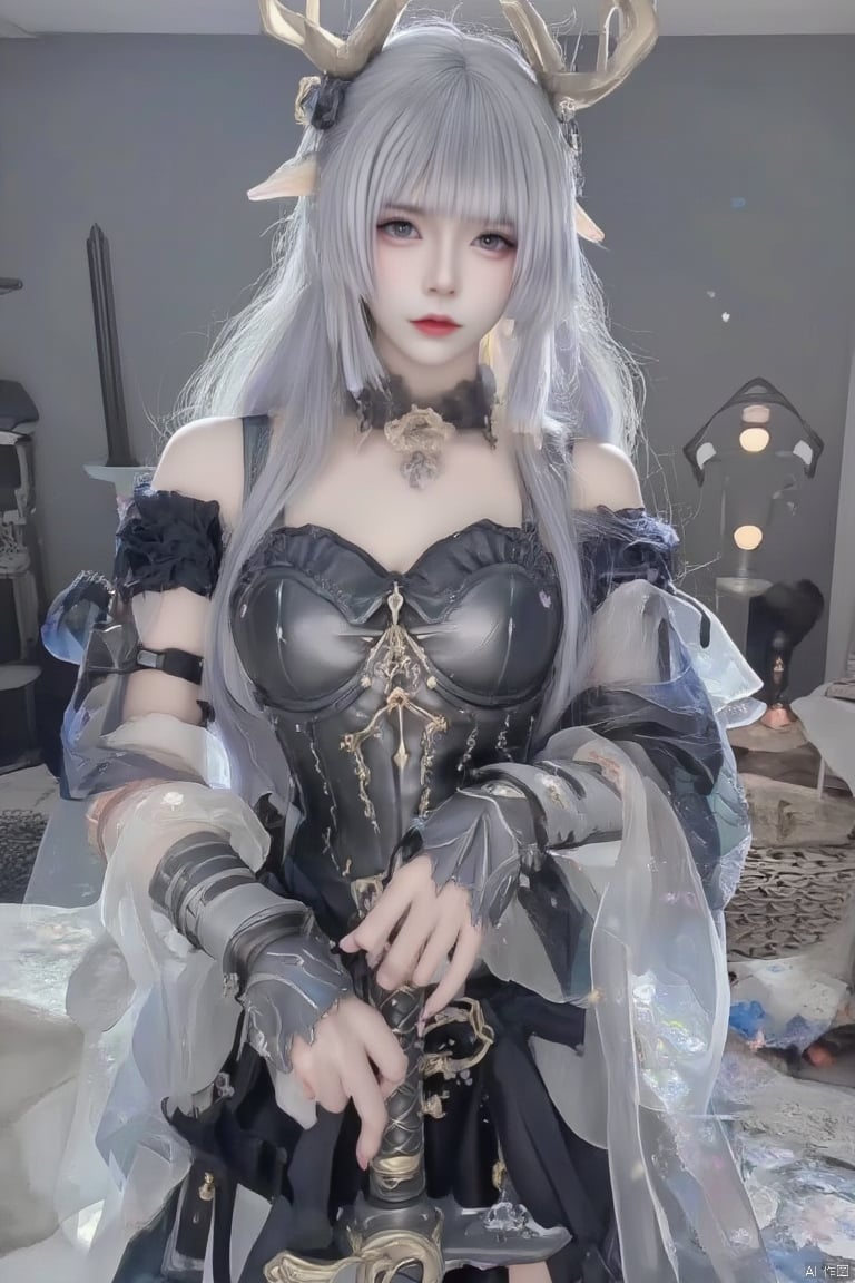 1girl, solo, long hair, breasts, looking at viewer, bangs, navel, holding, cleavage, bare shoulders, jewelry, medium breasts, weapon, white hair, parted lips, pointy ears, sword, indoors, necklace, holding weapon, lips, see-through, grey eyes, holding sword, realistic, antlers