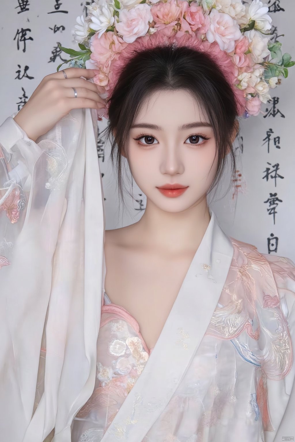 a young Asian woman dressed in a white kimono, adorned with a pink headband adorned with flowers. The woman's hair is dark brown, and her eyes are a piercing blue, while her hair is a darker shade of brown. She is wearing a silver ring on her left hand, adding a touch of contrast to her white robe. The backdrop is adorned with black writing, creating a striking contrast against the white backdrop.,Xyunxiao,(big breasts:1.79),