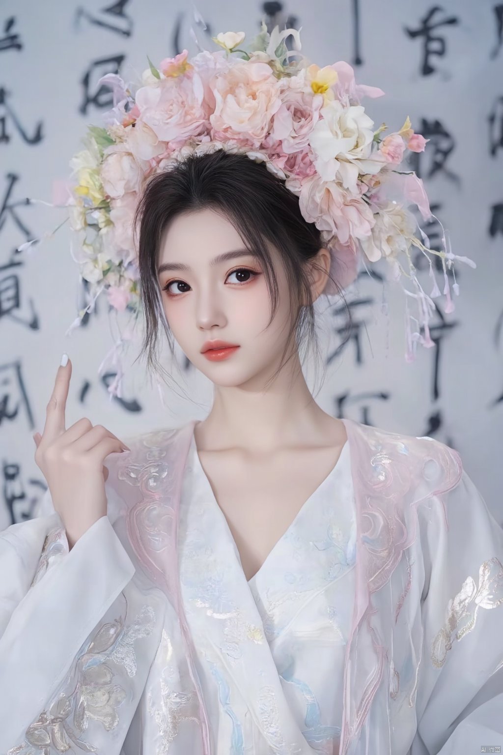 a young Asian woman dressed in a white kimono, adorned with a pink headband adorned with flowers. The woman's hair is dark brown, and her eyes are a piercing blue, while her hair is a darker shade of brown. She is wearing a silver ring on her left hand, adding a touch of contrast to her white robe. The backdrop is adorned with black writing, creating a striking contrast against the white backdrop.,Xyunxiao,(big breasts:1.79),