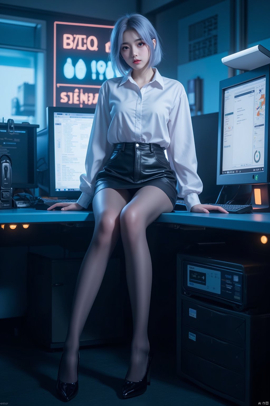 Cyberpunk,  (((black pantyhose))), 1girl, solo, sitting, full body, looking at the camera, (light blue hair, short hair), (big breasts:1.59), OL, cute face, Angelababy,long legs, closed mouth, thin bangs, in Command Center, mini_skirt, white shirt, black skirt,, hip skirt, black hip skirt, large screen,Xyunxiao