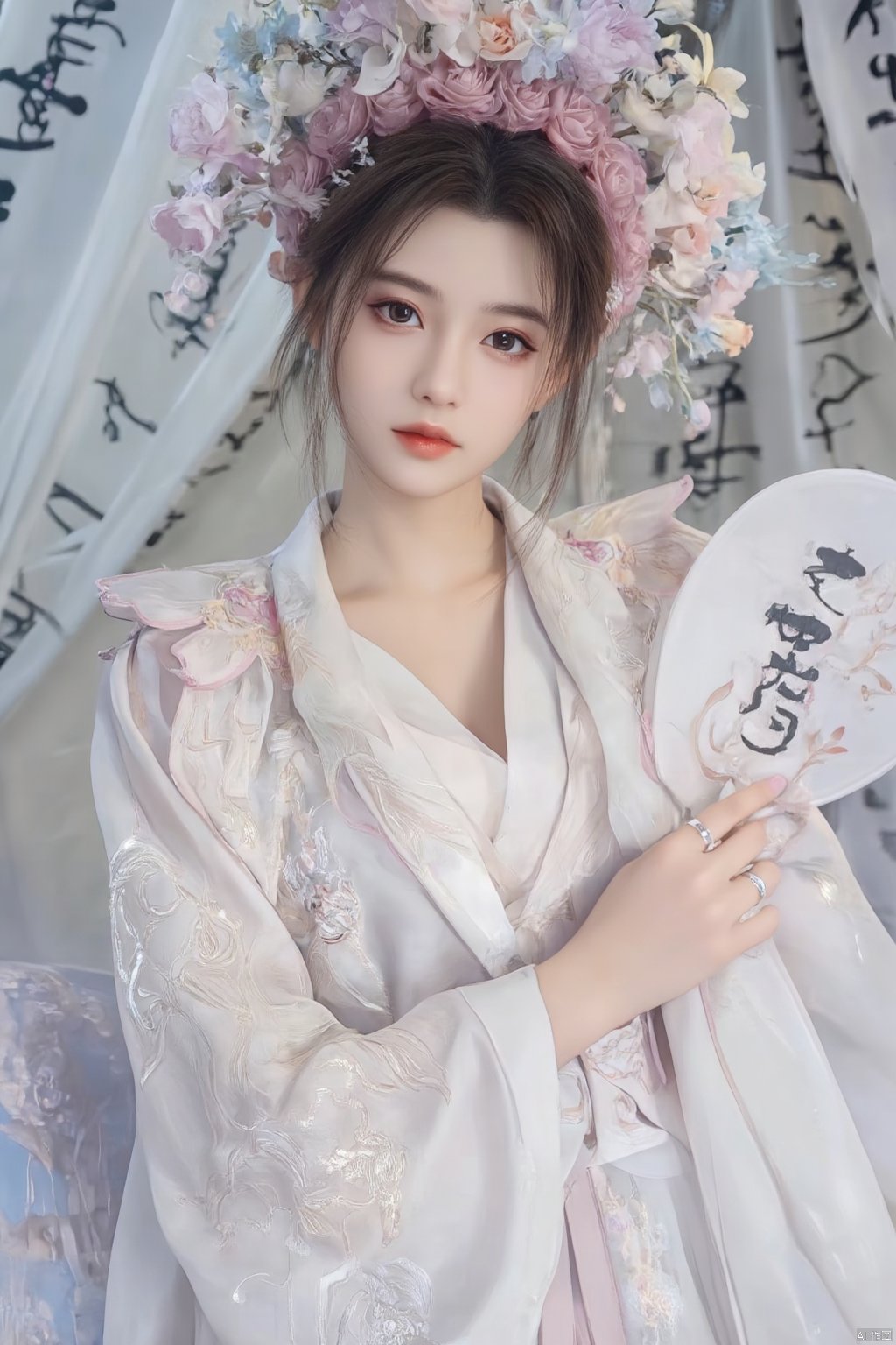 a young Asian woman dressed in a white kimono, adorned with a pink headband adorned with flowers. The woman's hair is dark brown, and her eyes are a piercing blue, while her hair is a darker shade of brown. She is wearing a silver ring on her left hand, adding a touch of contrast to her white robe. The backdrop is adorned with black writing, creating a striking contrast against the white backdrop.,Xyunxiao,(big breasts:1.99),