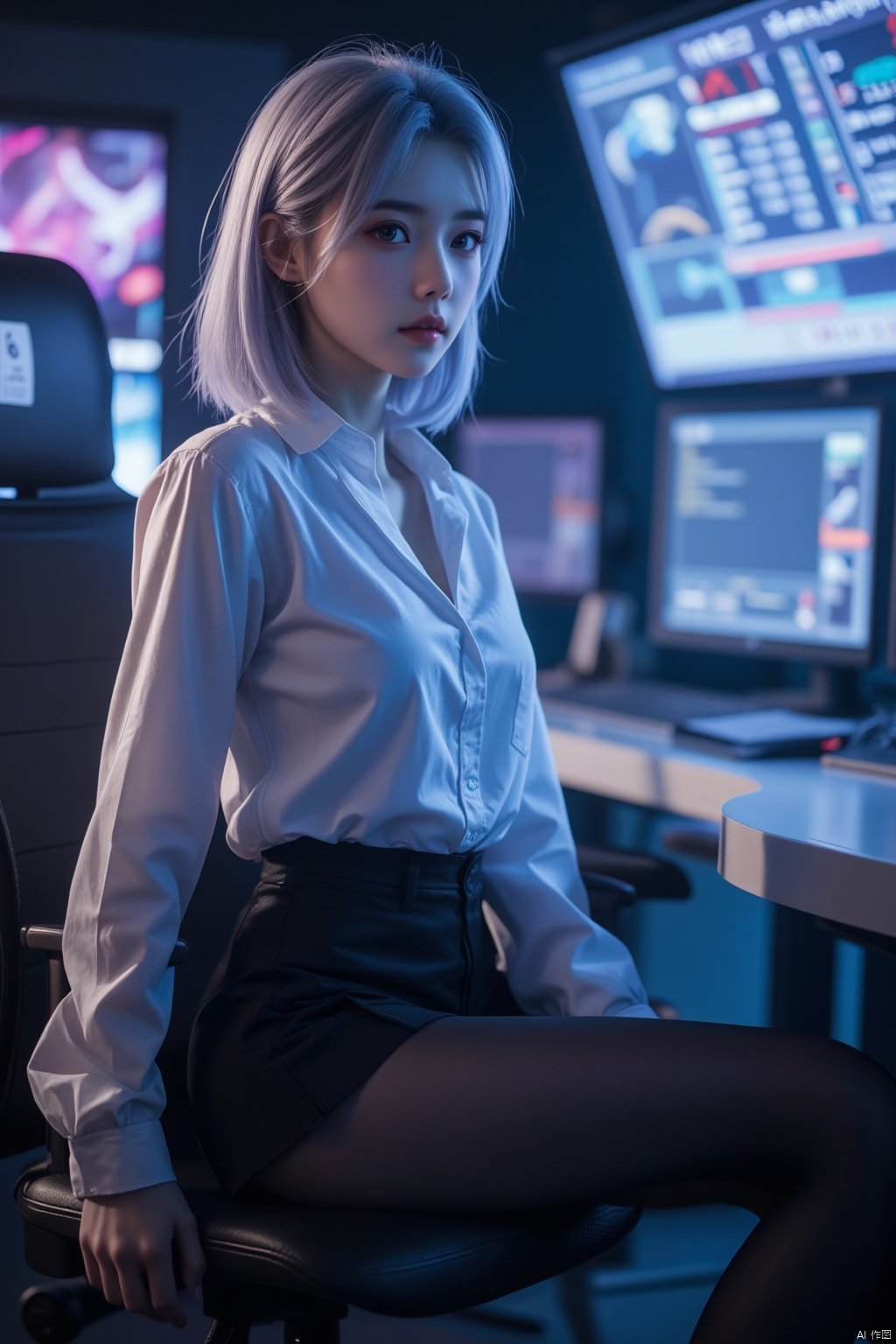 Cyberpunk,  (((black pantyhose))), 1girl, solo, sitting, full body, looking at the camera, (light blue hair, short hair), (big breasts:1.59), OL, cute face, Angelababy,long legs, closed mouth, thin bangs, in Command Center, mini_skirt, white shirt, black skirt,, hip skirt, black hip skirt, large screen,Xyunxiao