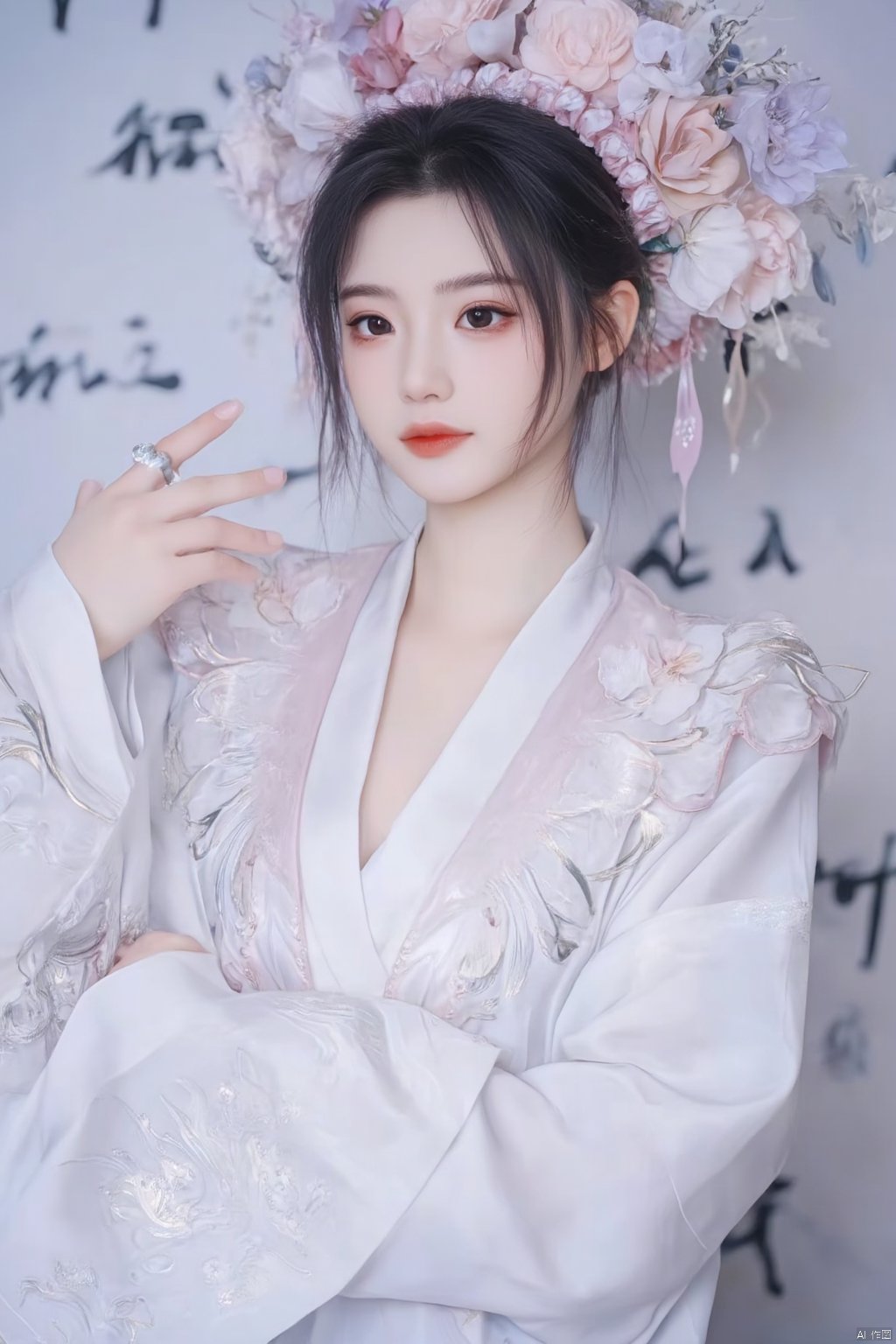 a young Asian woman dressed in a white kimono, adorned with a pink headband adorned with flowers. The woman's hair is dark brown, and her eyes are a piercing blue, while her hair is a darker shade of brown. She is wearing a silver ring on her left hand, adding a touch of contrast to her white robe. The backdrop is adorned with black writing, creating a striking contrast against the white backdrop.,Xyunxiao,(big breasts:1.79),