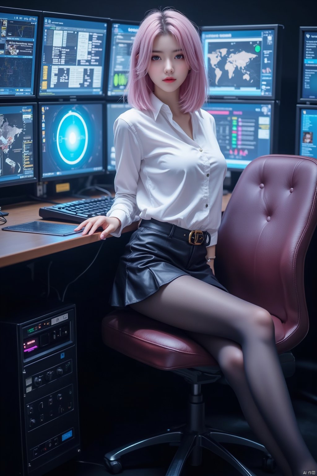 Cyberpunk,  (((black pantyhose))), 1girl, solo, sitting, full body, looking at the camera, pink hair, short hair, (((big breasts))), OL, cute face, Angelababy,long legs, closed mouth, thin bangs, in Command Center, mini_skirt, white shirt, black skirt,, hip skirt, black hip skirt, large screen,