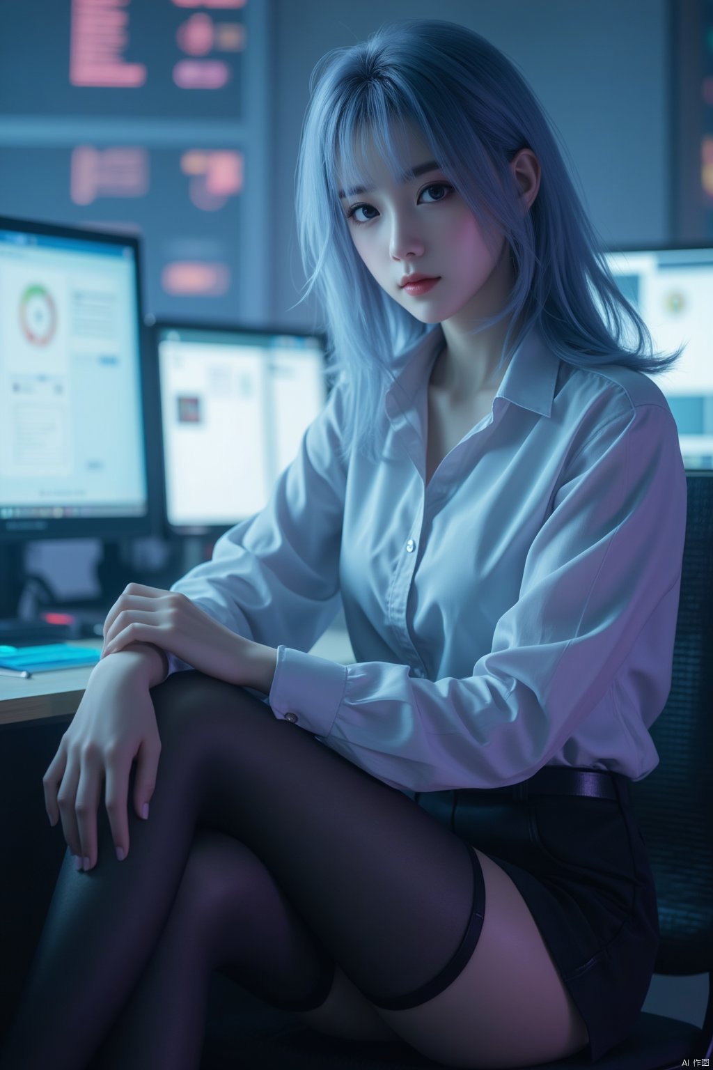 Cyberpunk,  (((black pantyhose))), 1girl, solo, sitting, full body, looking at the camera, (light blue hair, short hair), (big breasts:1.59), OL, cute face, Angelababy,long legs, closed mouth, thin bangs, in Command Center, mini_skirt, white shirt, black skirt,, hip skirt, black hip skirt, large screen,Xyunxiao