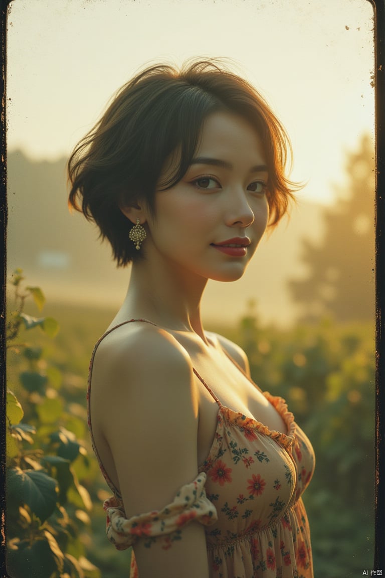 xxmix_girl,portrait of a woman,fluffy short hair,polaroid,film,graininess,smile,cold,(((huge breasts))),castle,forest,fog,sunshine,vine,tindal effect,sunny,(best quality),((masterpiece)),(highres),(extremely detailed 32K wallpaper),(panorama:1.5),
(((dramatic))),((((gritty))), (((visual impact))), dynamic and visually striking appearance,upper_body,hyper_galaxy,universe,