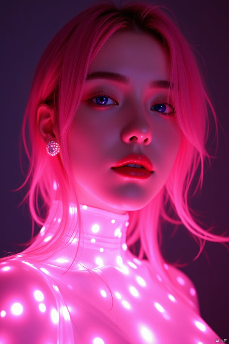 (pink light particles：1.3),Light particle skin,Light particle energy fluid,(Light particles covering the body),Light Particle Art,Light particle effects,1girl,red skin,blue eyes,earrings,jewelry,light particles,parted lips,pink hair,solo,Light particles covering the body, glow, Neon light background