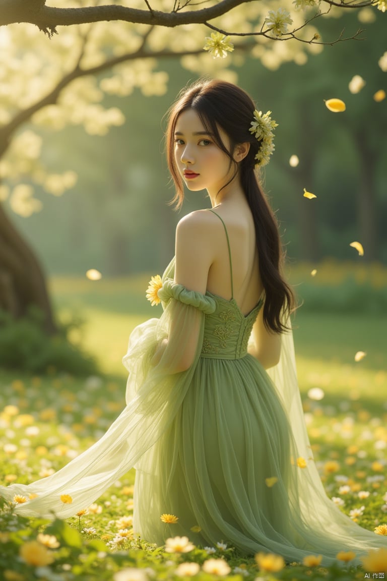 bdress,1girl,chinese garden,ultra-detailed,extremely delicate and beautiful,(by exquisite colors block),masterpiece,best quality,unreal engine 5 rendering,movie light,movie lens,movie special effects,detailed details,HDR,UHD,(8K:0.9),CG wallpaper,,hxluohua,falling_petals,yellow petals,bresk,(green dress:1.3)
